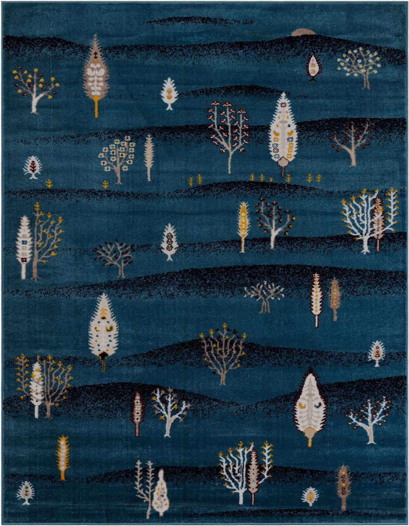 A 5x8 rectangular blue area rug featuring a modern tribal pattern of stylized trees and hills in varying shades of blue, white, and brown.