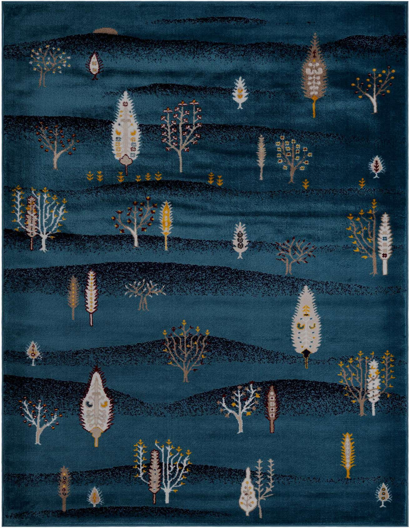 A 6x9 rectangular blue tribal rug featuring stylized trees and hills in shades of cream, gold, and brown.