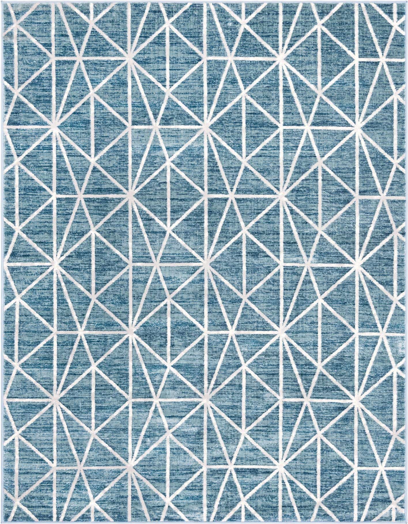 A 7x10 rectangular blue area rug with a white geometric trellis pattern, suitable for a living room.