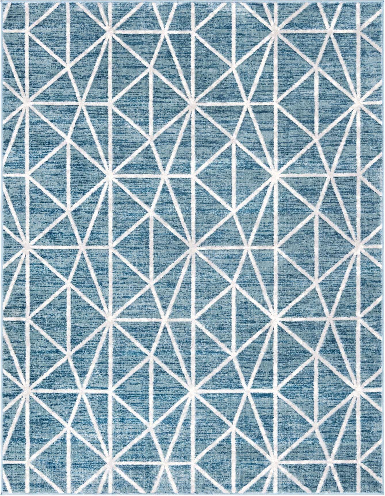 A 6x9 rectangular blue area rug with a white geometric trellis pattern, suitable for a living room.