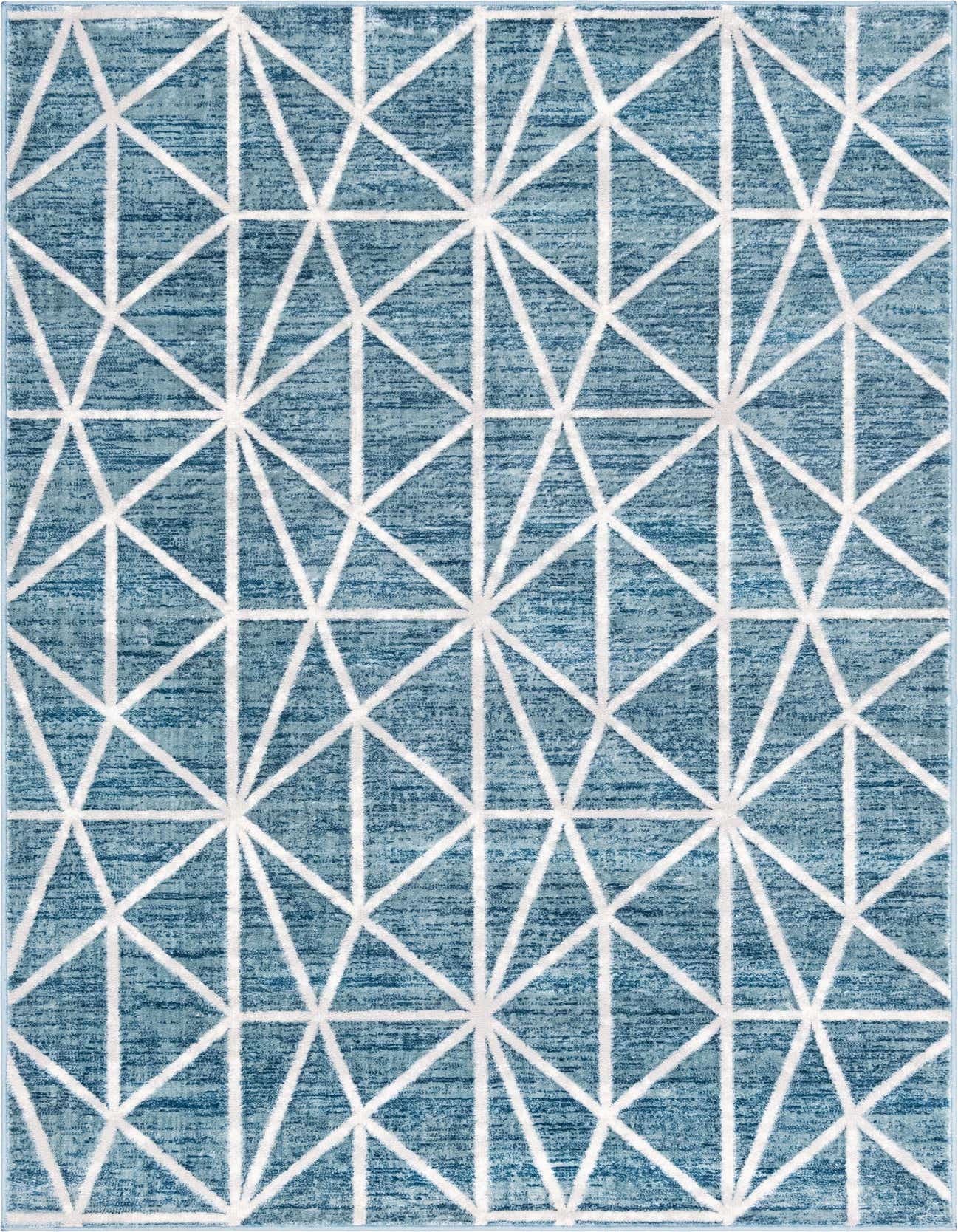 A 5x8 rectangular blue area rug with a white geometric trellis pattern, suitable for a living room.