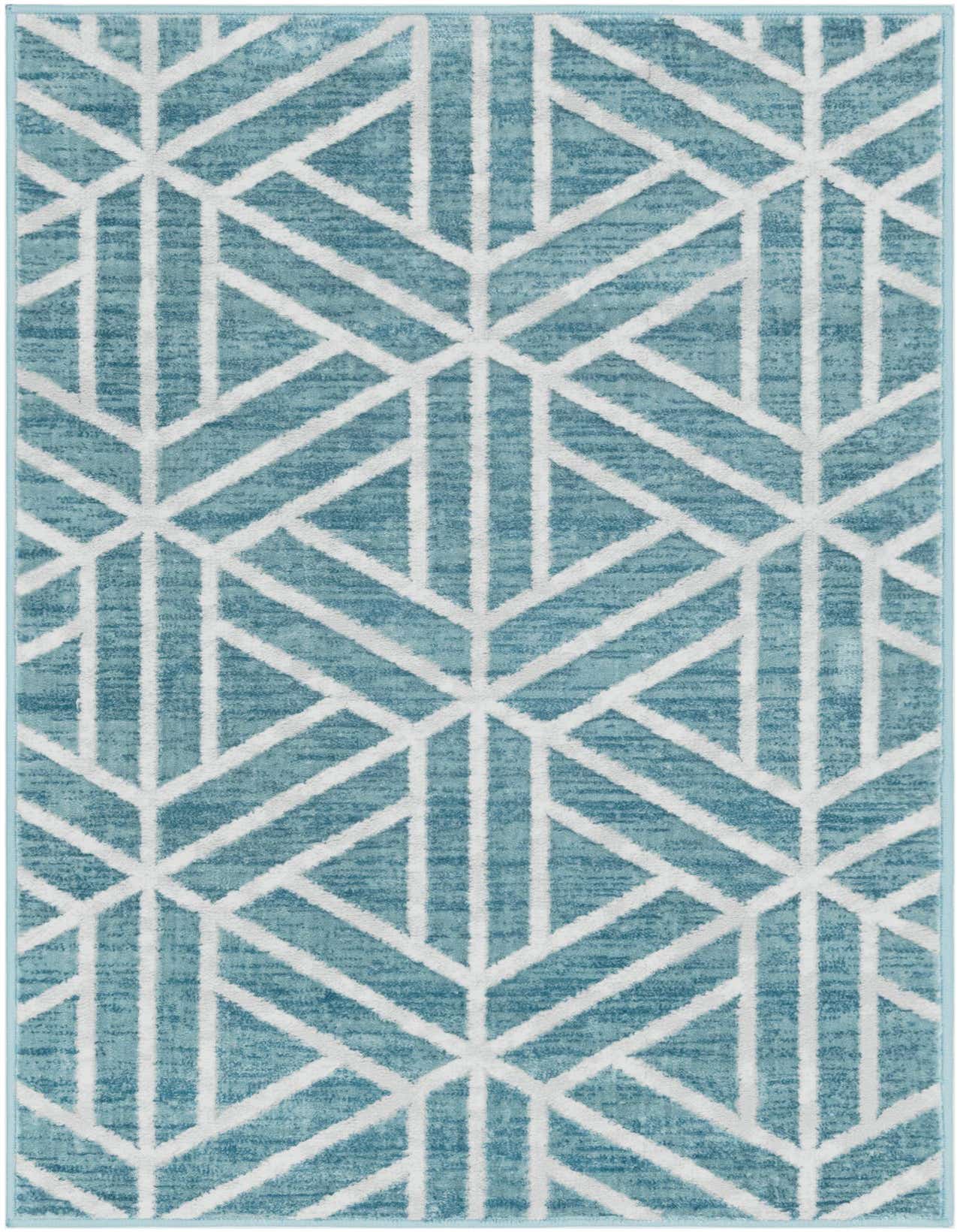 A 3x5 rectangular blue area rug featuring a repeating white geometric trellis pattern, ideal for an indoor space.
