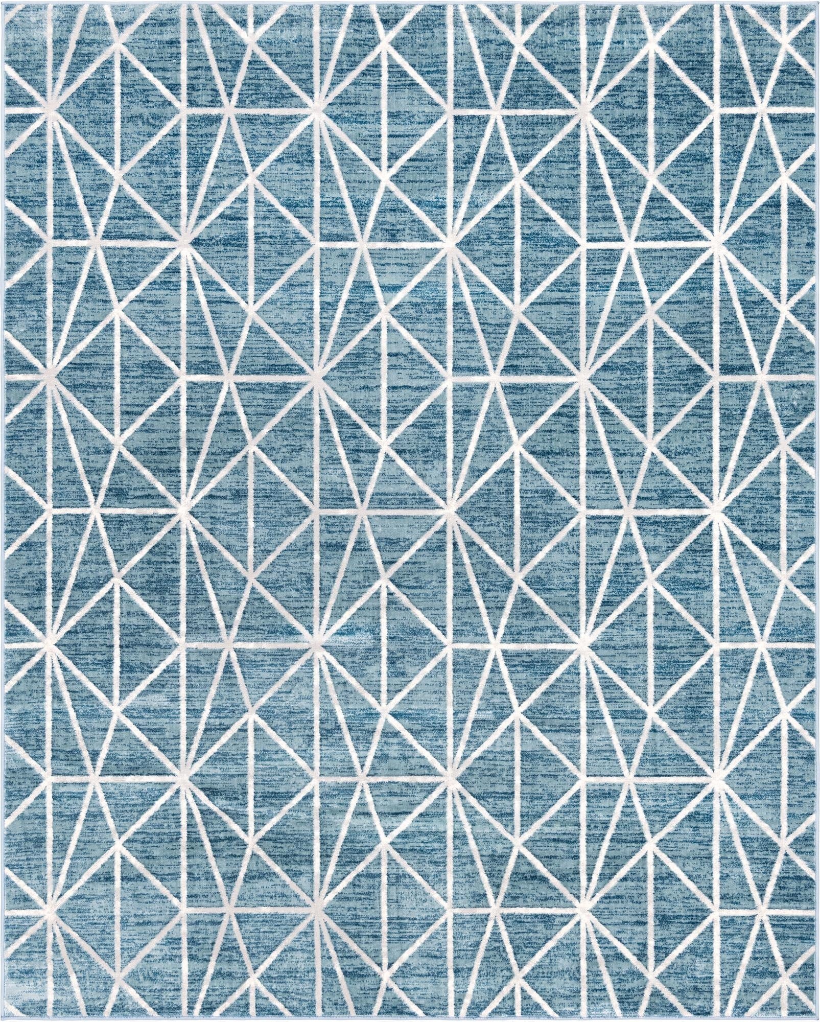 A rectangular 8x10 blue area rug with a white geometric trellis pattern, suitable for a living room.