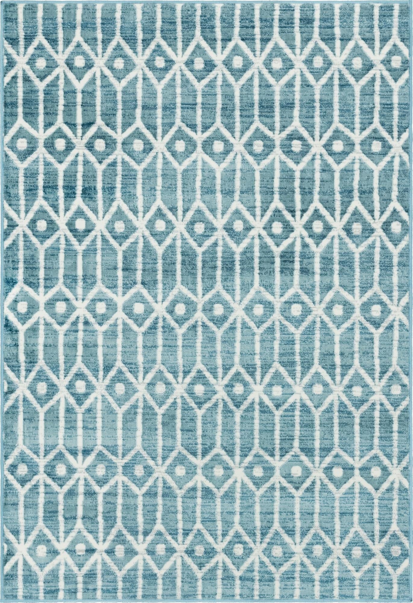 A 4x6 rectangular blue and white area rug with a textured trellis pattern, ideal for a living room.