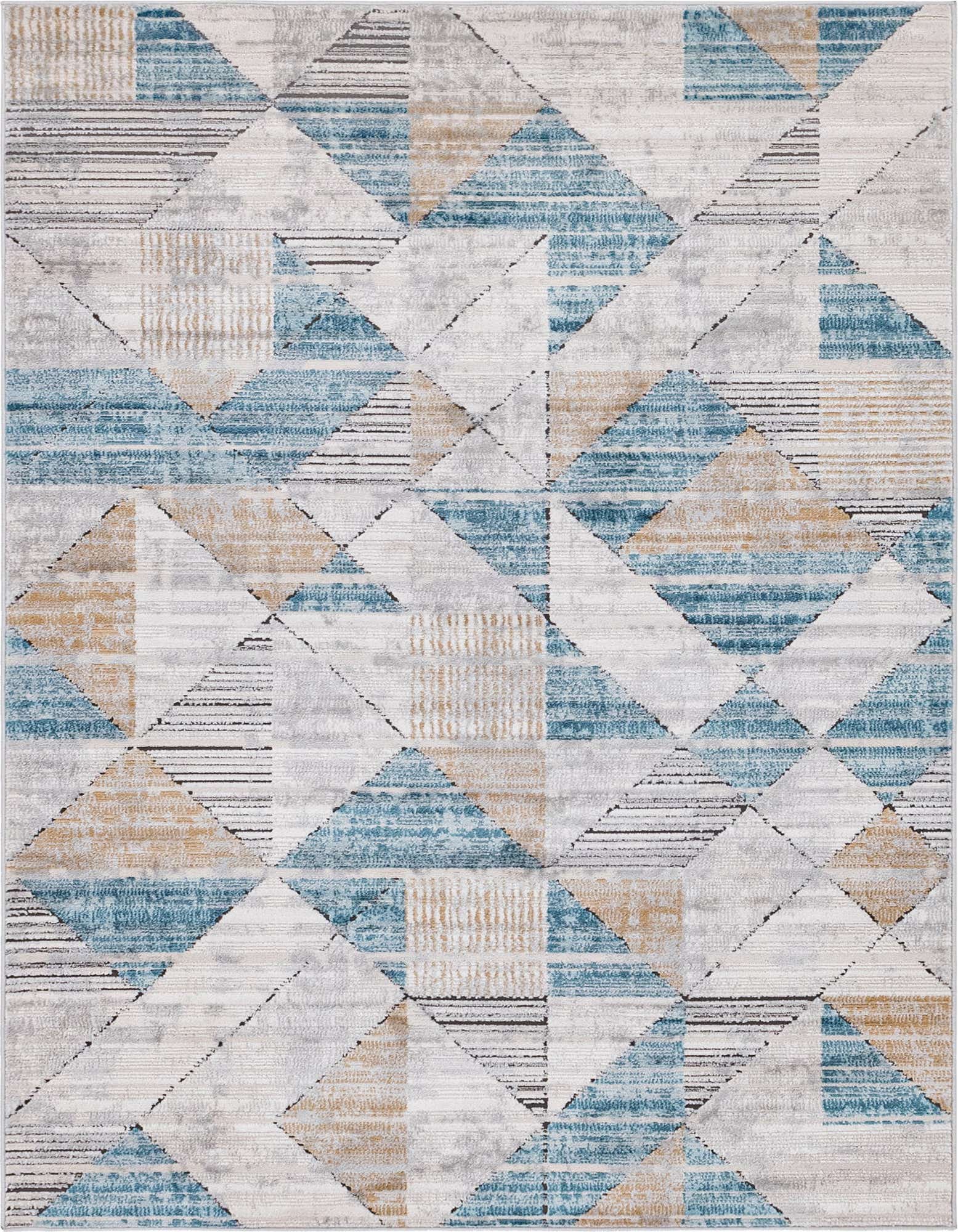 A 5x8 rectangular rug with an abstract geometric pattern in shades of blue, grey, and beige, featuring triangles and textured lines.