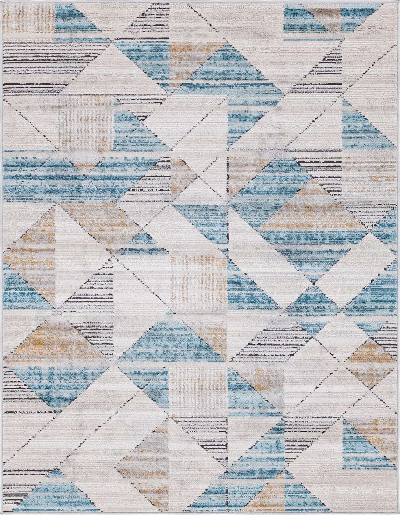 A 4x6 rectangular rug with an abstract geometric pattern in shades of blue, beige, and white, featuring textured triangles and stripes.