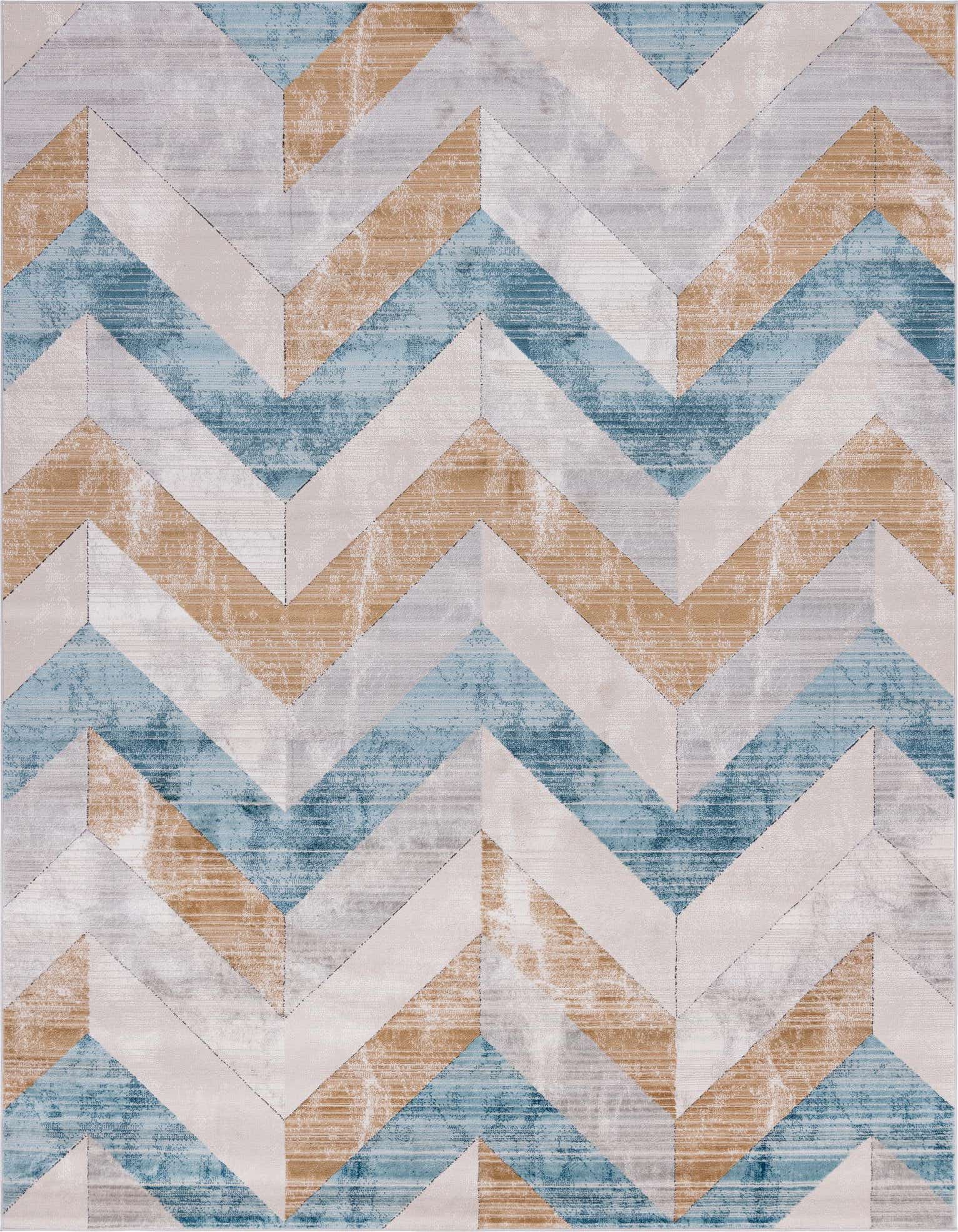 A 9x12 rectangular area rug with a modern chevron pattern in shades of blue, beige, and light grey, ideal for a living room.