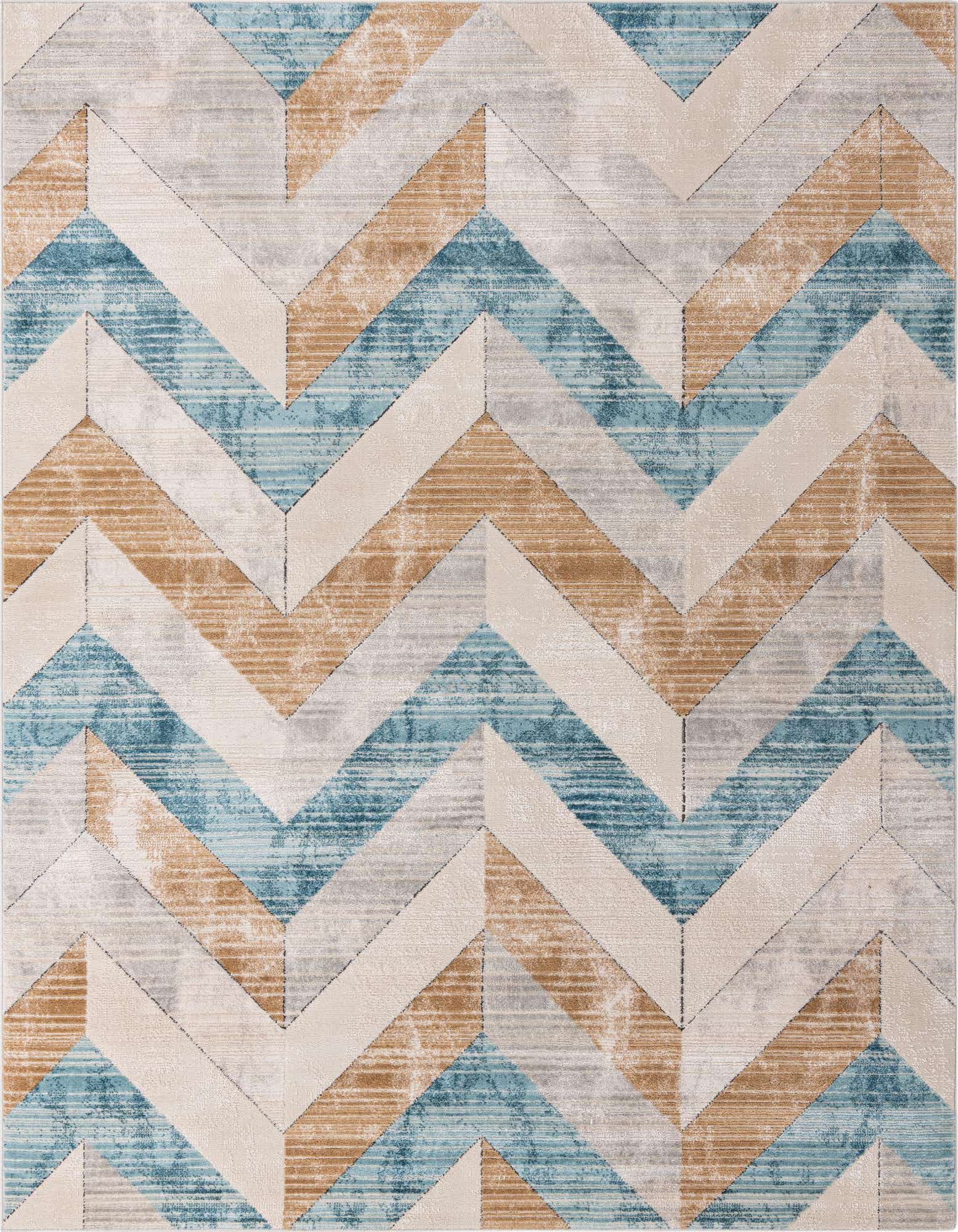 A rectangular 8x10 area rug featuring a modern chevron pattern in shades of blue, beige, and light gray.