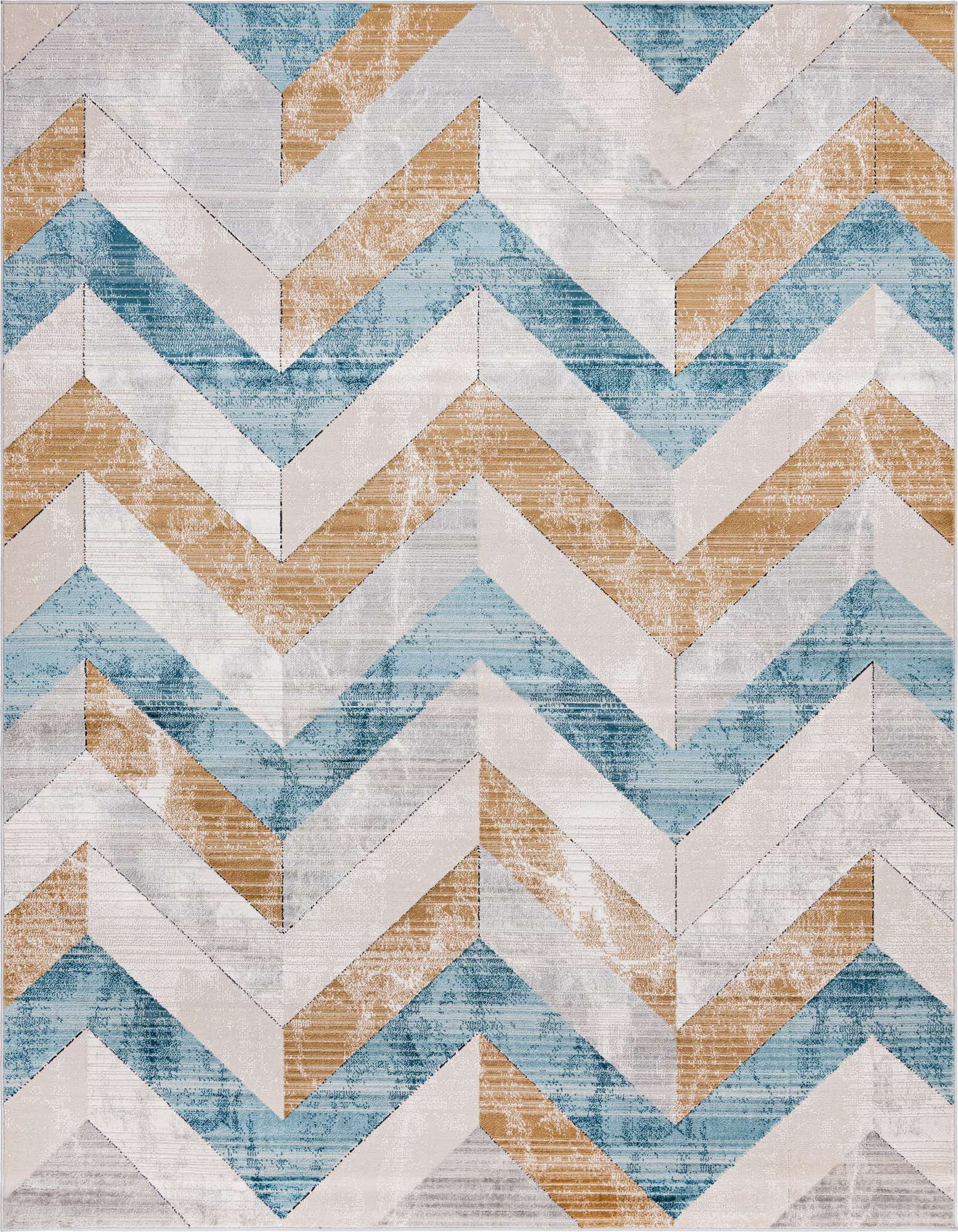 A large 8x11 rectangular Leipzig rug featuring a modern chevron pattern in shades of blue, beige, and white, ideal for a living room.