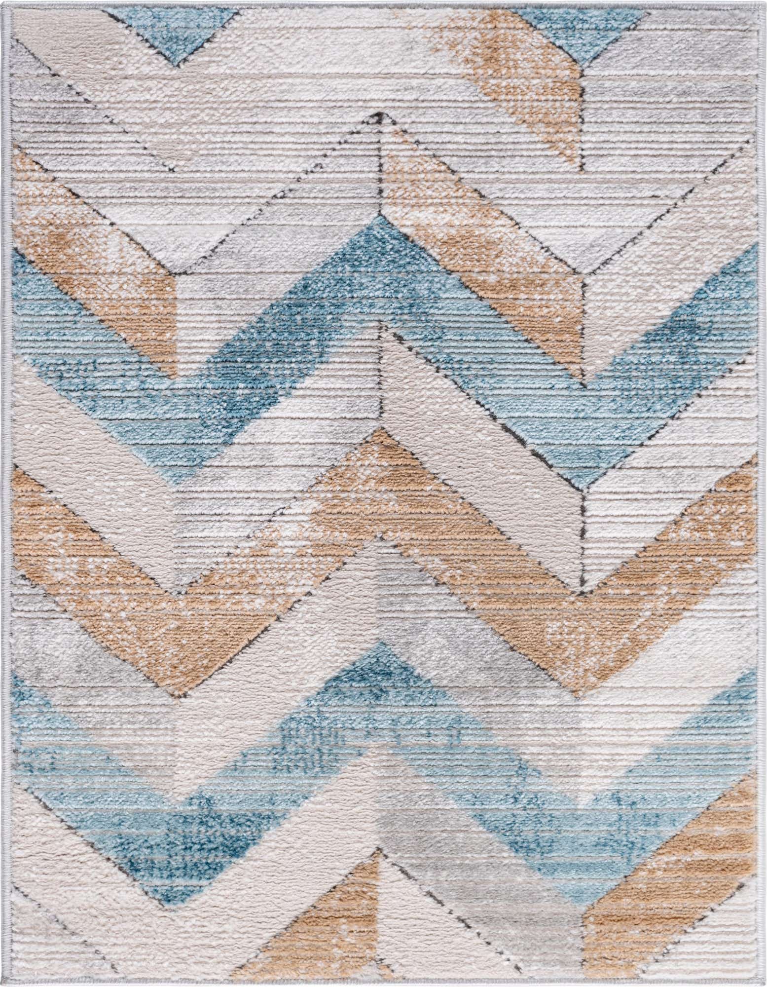 A 2x3 rectangular rug featuring a modern chevron pattern in shades of blue, beige, and gray.