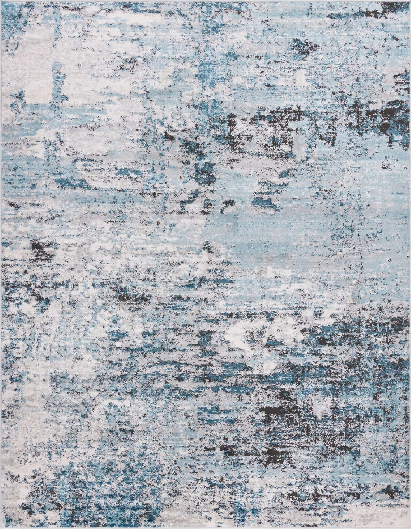 A 9x12 rectangular Leipzig Collection rug featuring an abstract pattern in various shades of blue, white, and gray, with dark accents, suitable for a living room.
