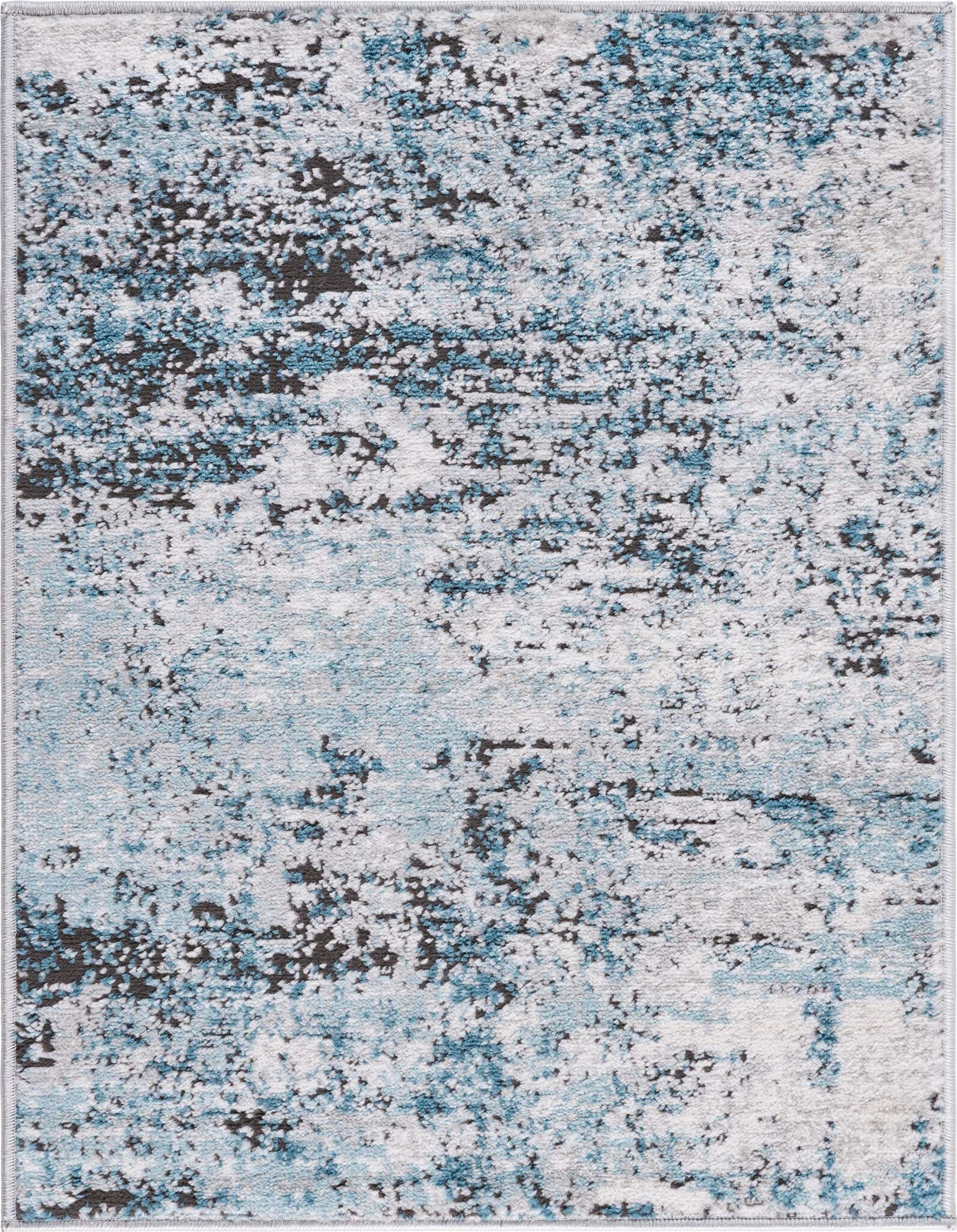 A 2x3 rectangular Rugs.com Leipzig rug featuring an abstract pattern in varying shades of blue, gray, and dark brown, suitable for an indoor living space.