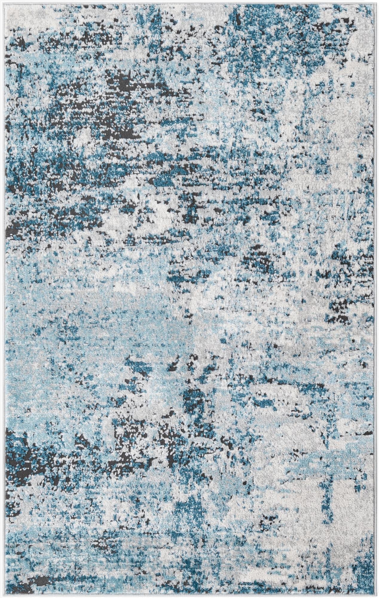 A 3x5 rectangular blue and gray abstract area rug with a textured, thin pile, perfect for modern indoor spaces.