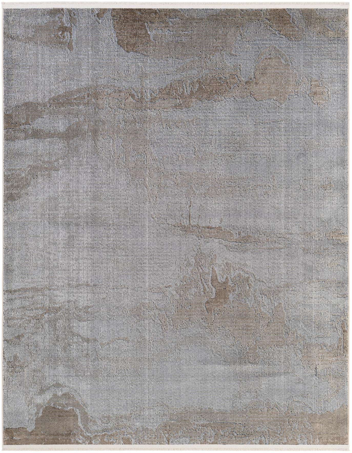 A 5x8 rectangular modern abstract area rug in varying shades of blue and hints of beige, suitable for a living room.