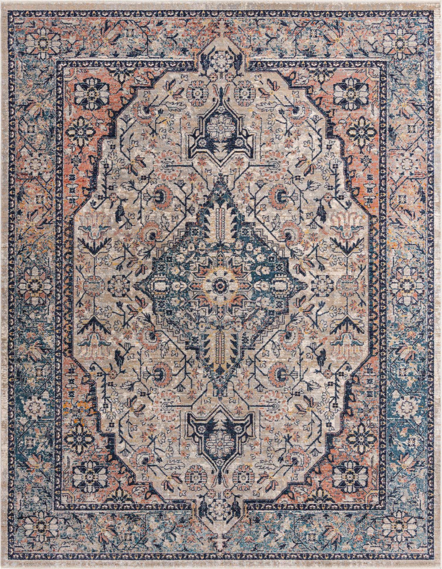 A 9x12 rectangular Lola Collection rug with a distressed Bohemian medallion pattern in blues, beige, and terracotta.