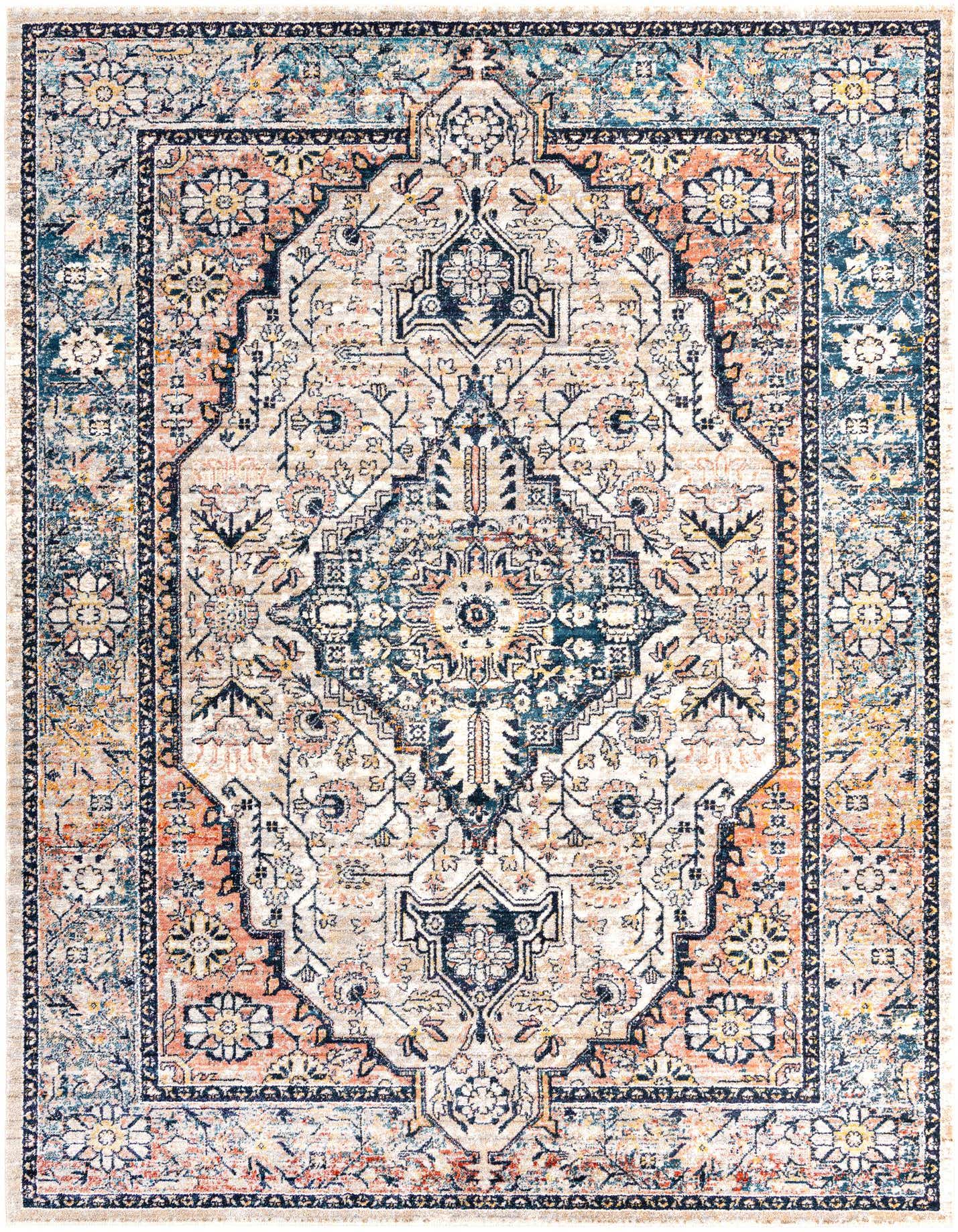 A 7x10 rectangular Lola Collection rug featuring a distressed bohemian medallion pattern in shades of blue, cream, and orange.