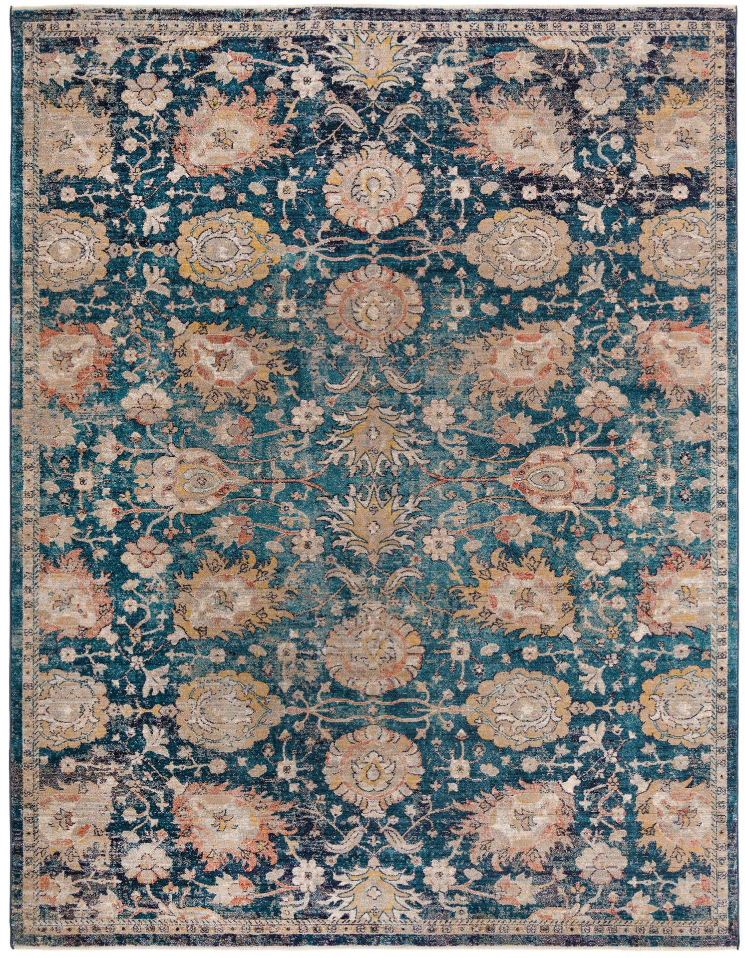 A 9x12 rectangular Lola Collection rug featuring a distressed traditional floral pattern in shades of blue, cream, and gold.