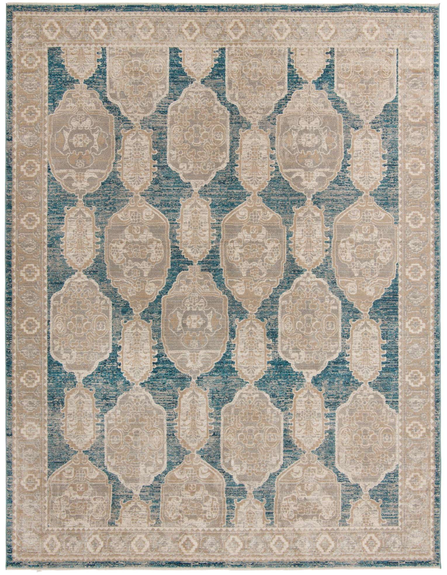 A 9x12 rectangular Lola Collection rug featuring a distressed blue background with ornate beige and grey Bohemian and Traditional patterns.