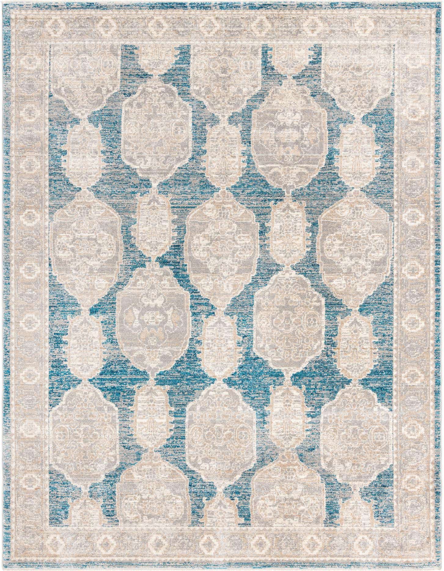 A 7x10 rectangular Lola rug with a distressed blue background and light gray and beige Bohemian and Traditional patterns, framed by a matching border.