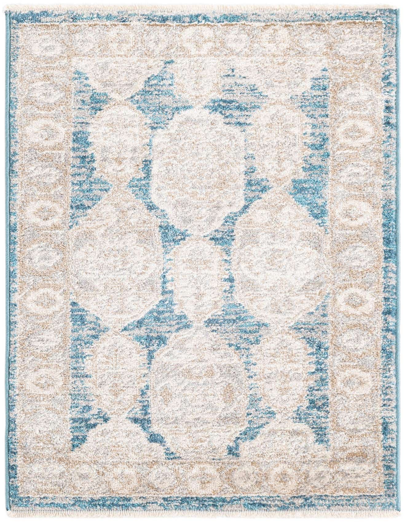 A 2x3 rectangular Lola rug by Rugs.com featuring a distressed blue and beige bohemian pattern with a thin pile.