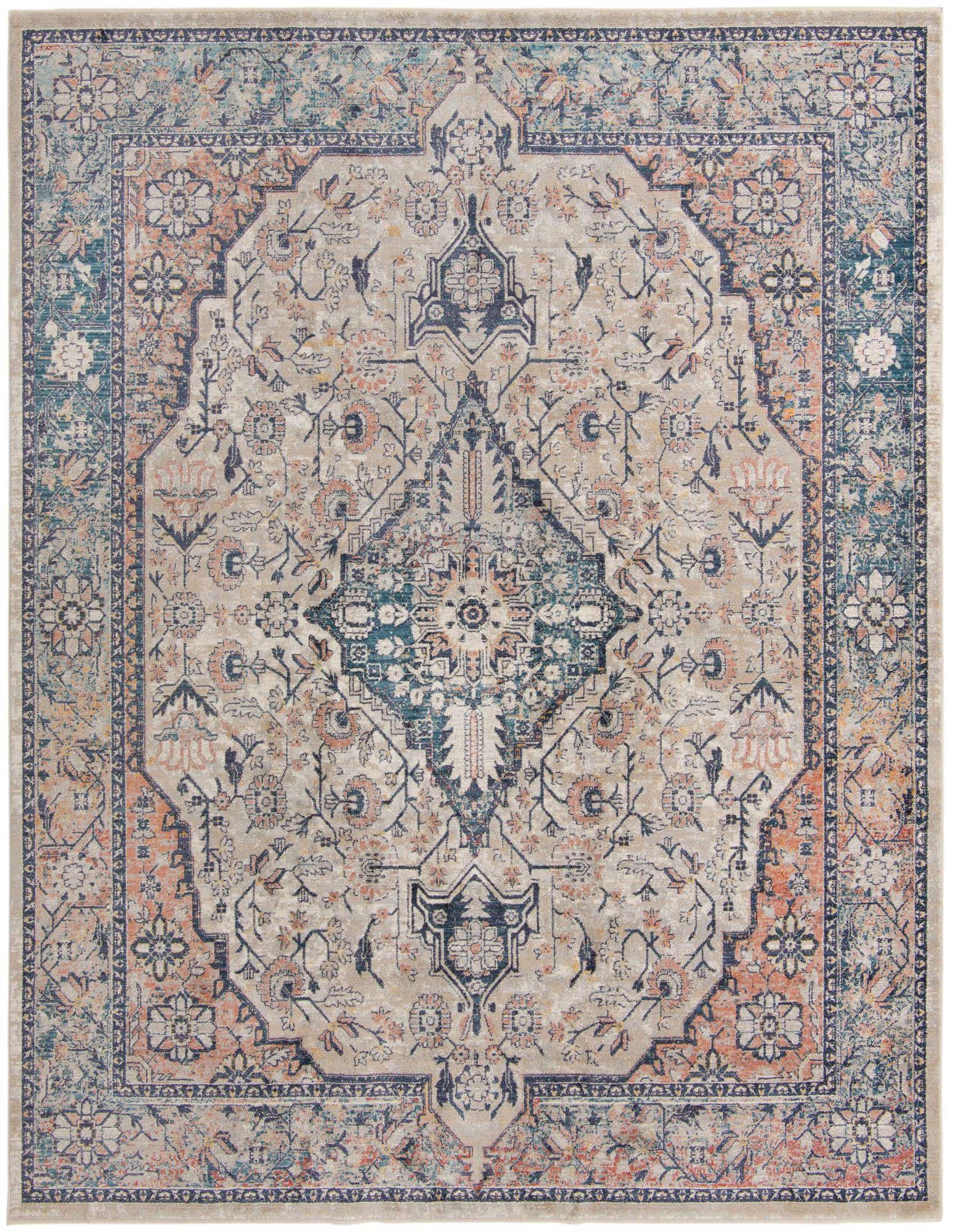 A 10x12 rectangular Lola Collection rug with a faded Bohemian and Traditional medallion pattern in blues, beige, and terracotta.
