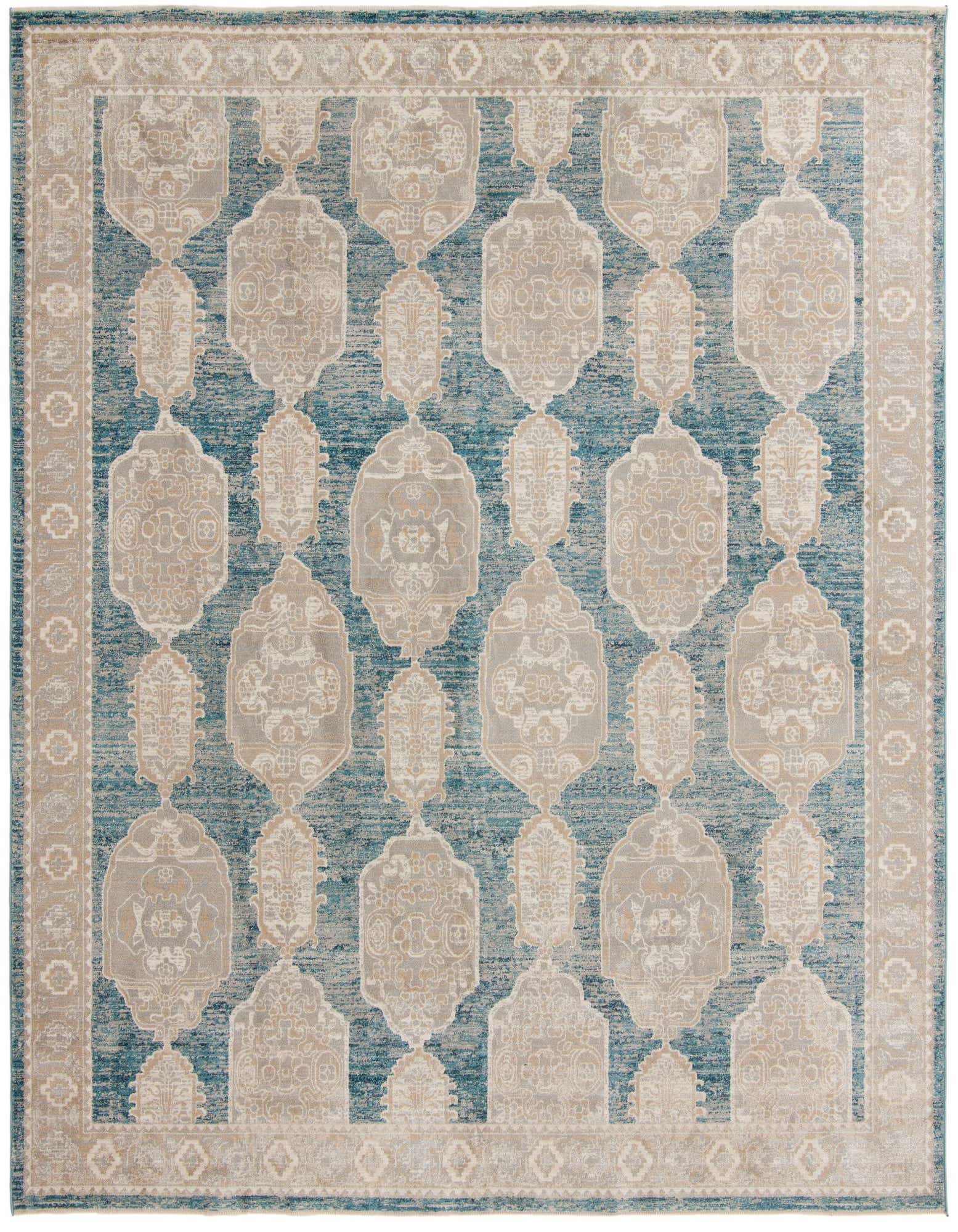 A 10x13 rectangular Lola Collection rug featuring a distressed blue background with an intricate beige and grey oriental pattern and border.