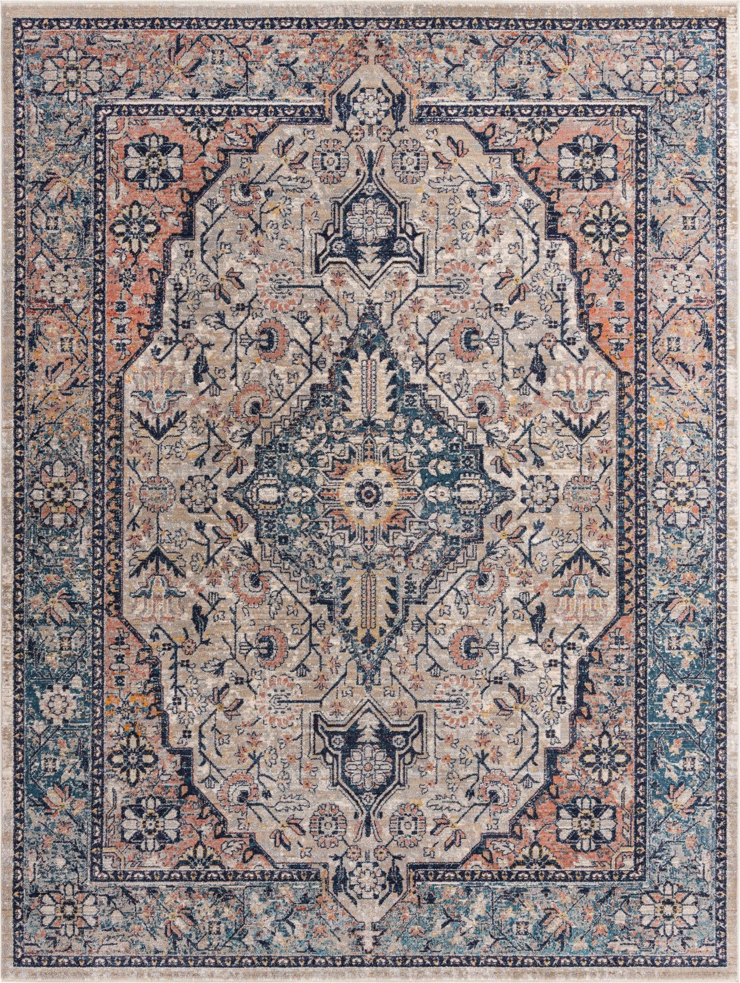 A 9x12 rectangular Lola Collection rug with a distressed Bohemian medallion pattern in blues, beige, and terracotta.