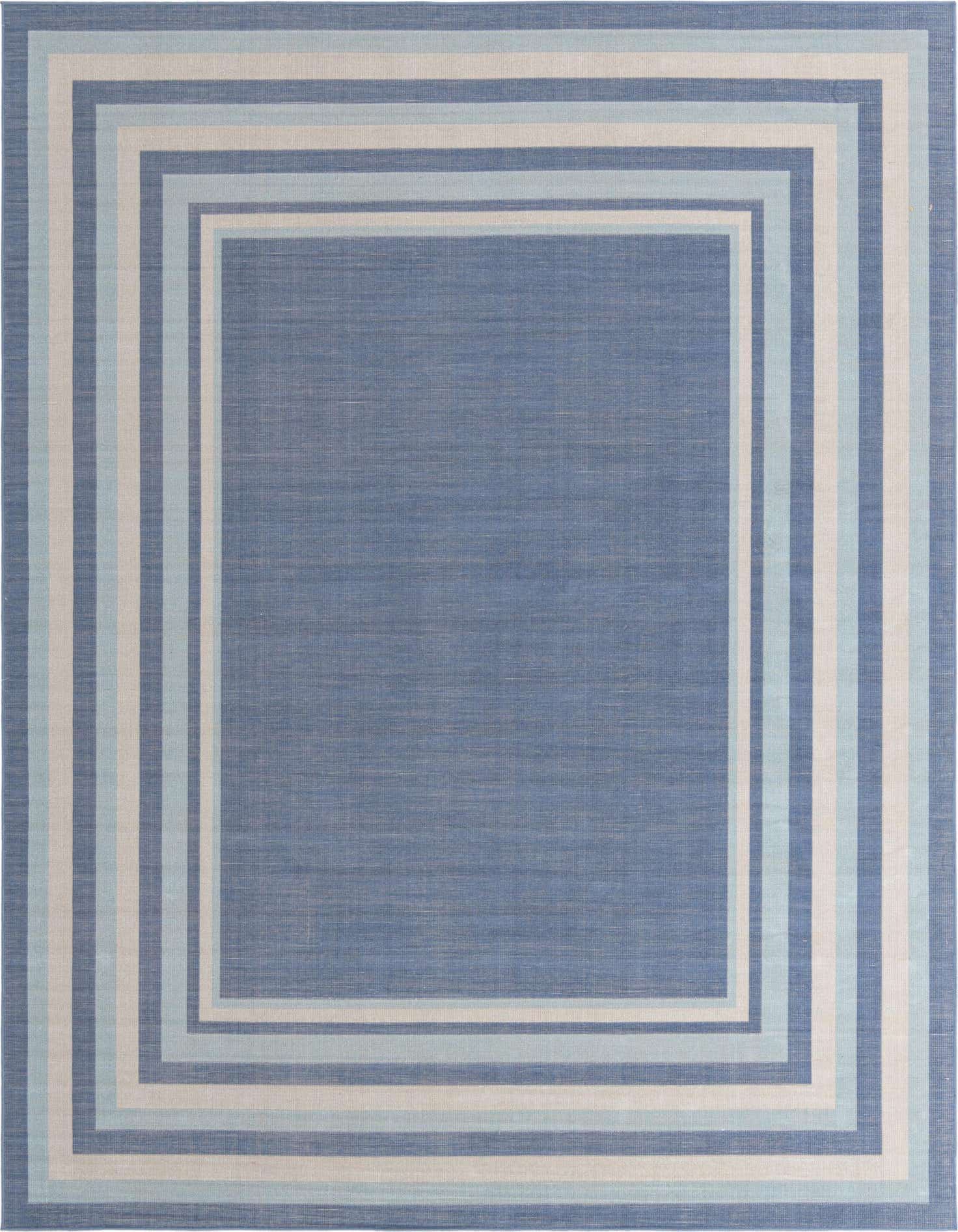 A 9x12 rectangular blue flatweave rug with a modern border of varying blue and off-white stripes.