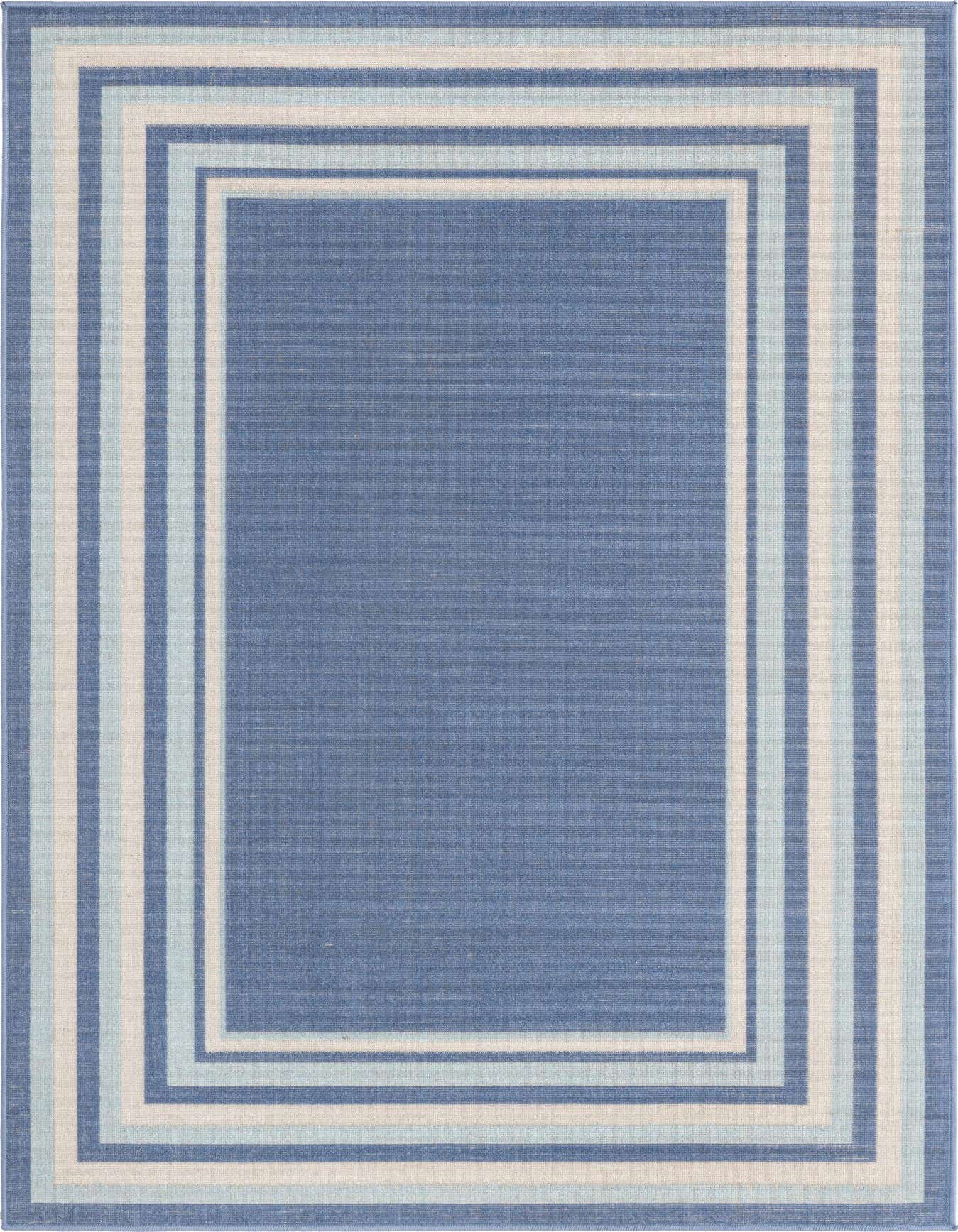A 4x6 rectangular blue rug with a modern coastal striped border in varying shades of blue and cream.