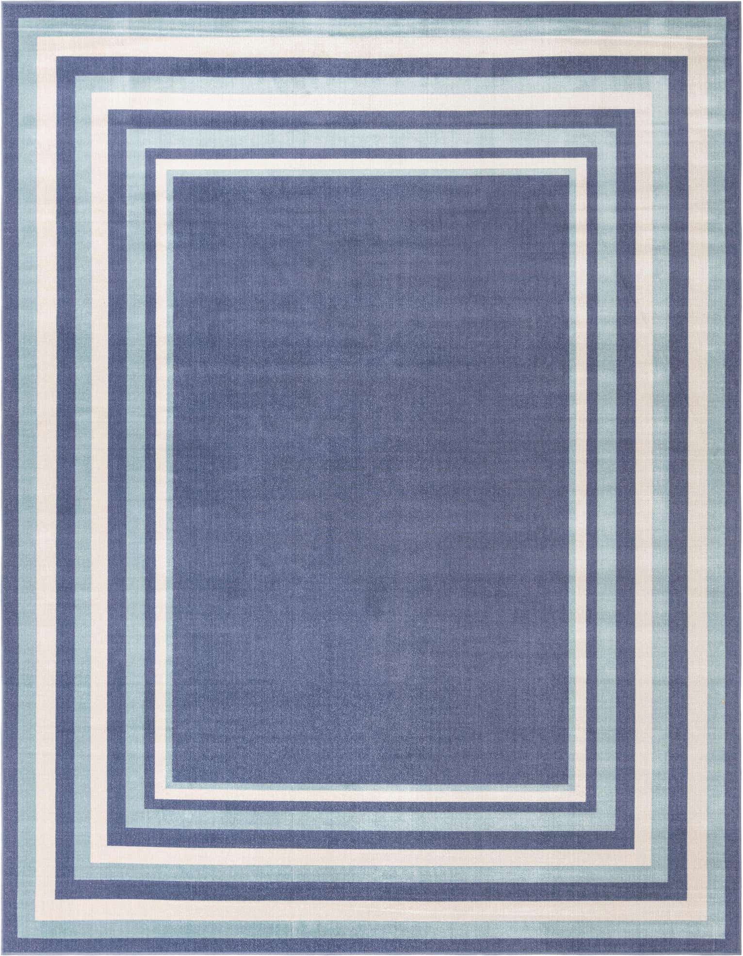 A 10x13 rectangular blue area rug with a striped border in varying shades of blue and white.