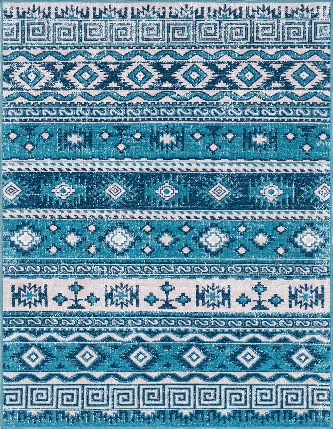 A 4x6 rectangular blue and off-white Bohemian rug with Southwestern and tribal stripe patterns, featuring geometric shapes and distressed textures.