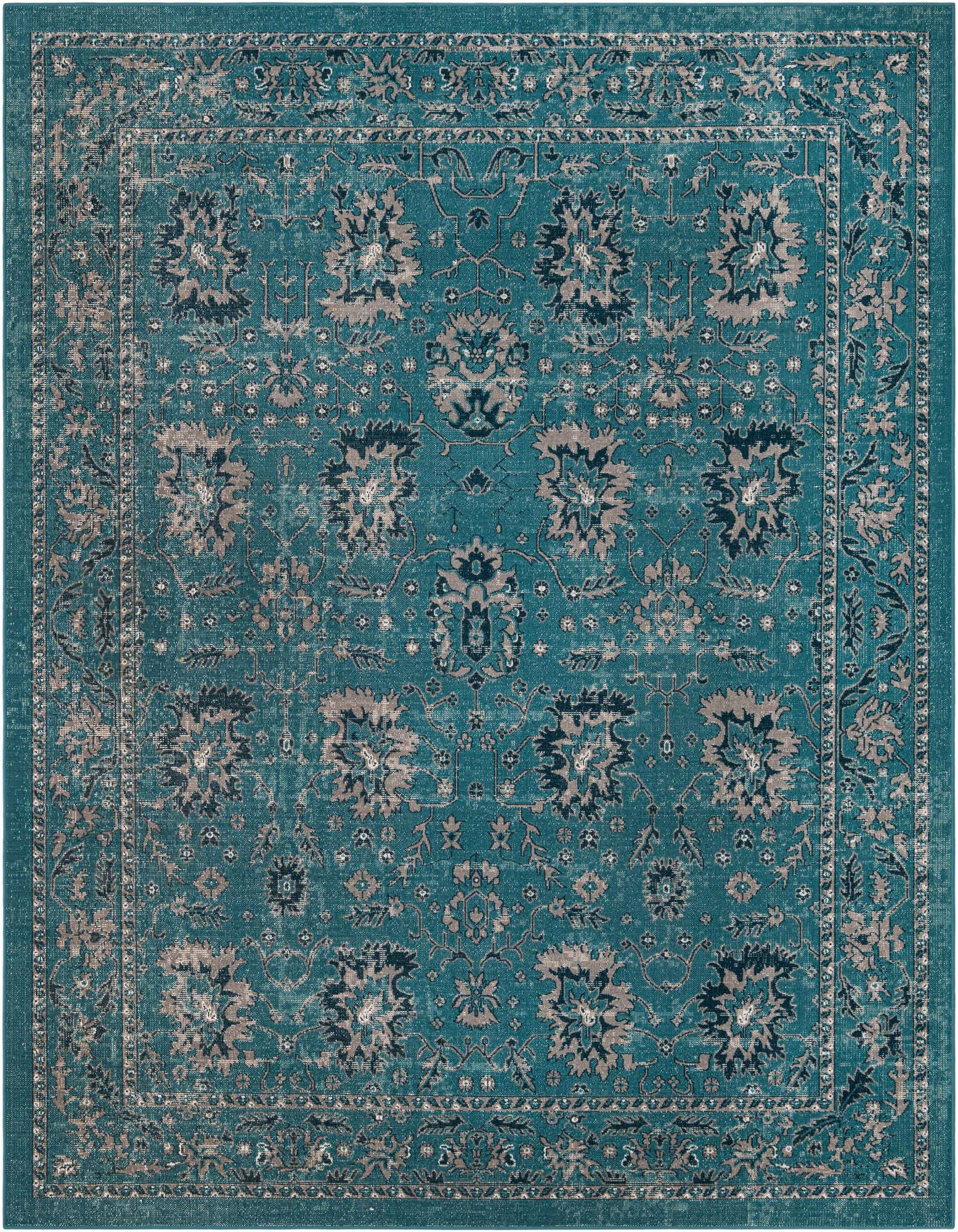An 8x10 rectangular Lucerne rug in shades of blue with a distressed bohemian floral and botanical pattern.