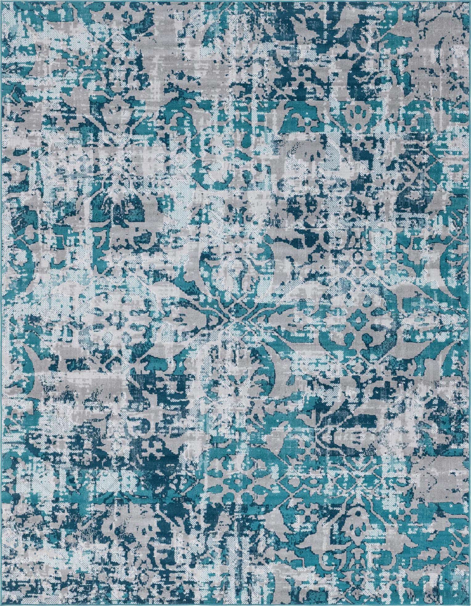 A 9x12 rectangular Lucerne rug featuring a distressed bohemian floral pattern in shades of blue and gray.
