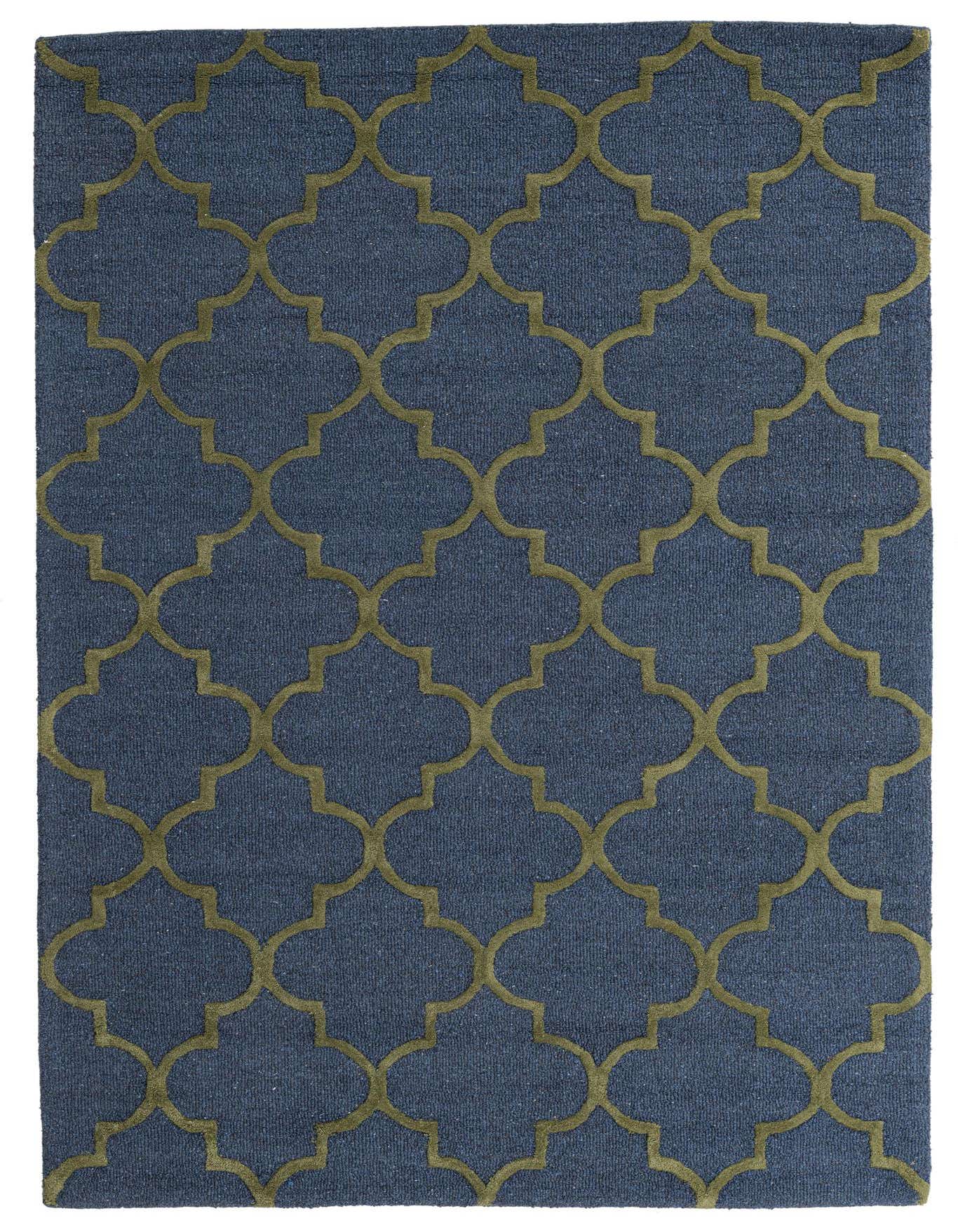 A 5x7 rectangular blue wool and cotton rug with a high pile, featuring an olive green modern abstract quatrefoil pattern.