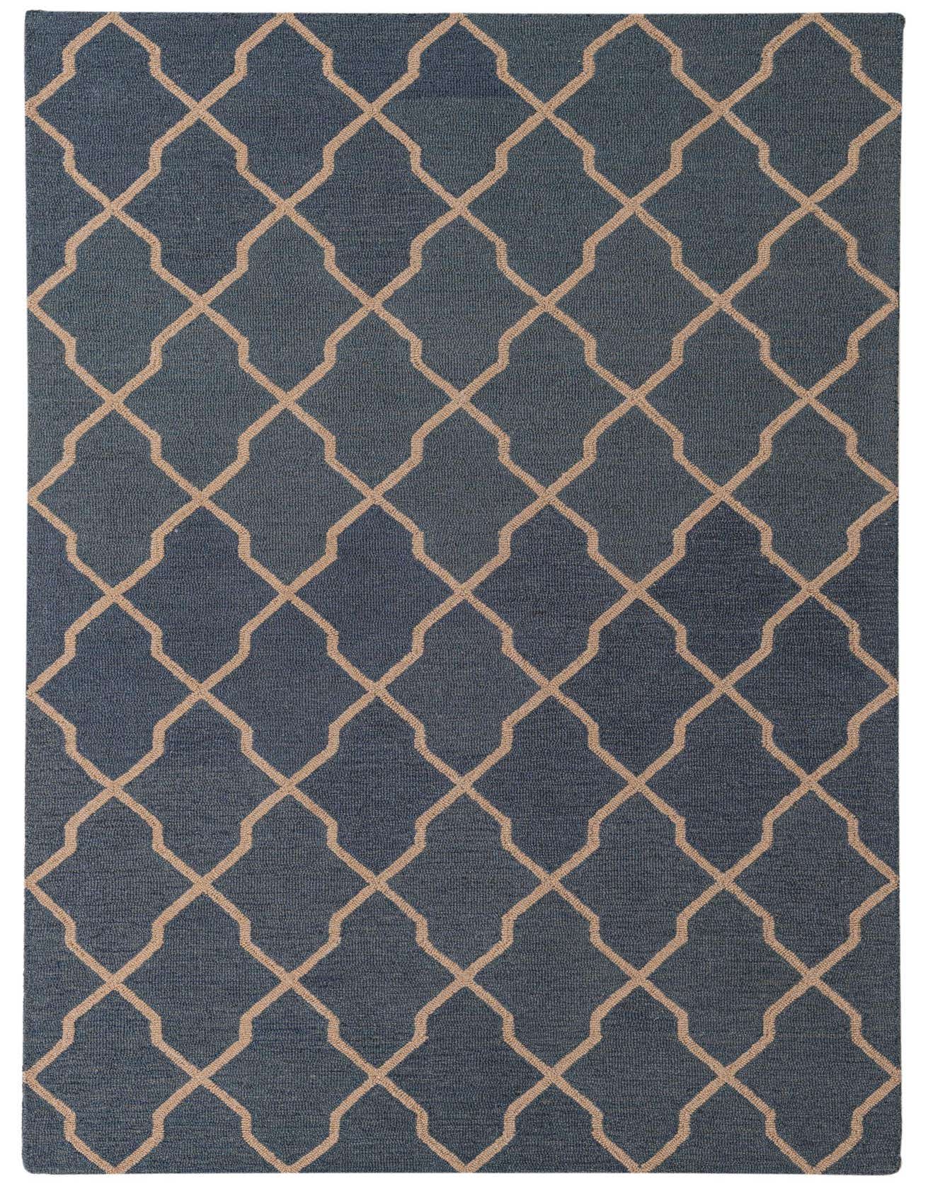 A 5x8 rectangular Luna Collection rug from Rugs.com with a high pile, featuring a modern abstract trellis pattern in blue and beige.