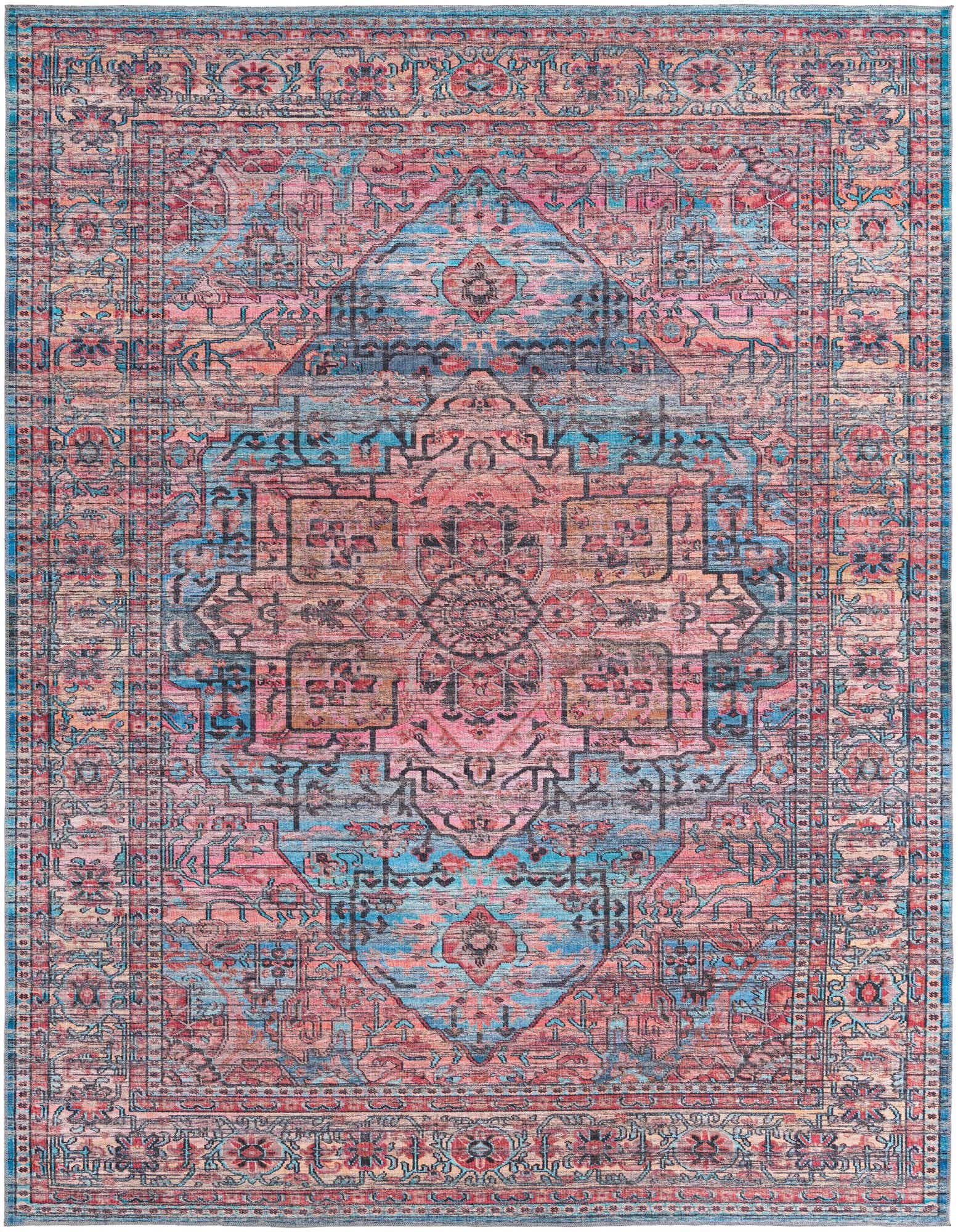 A 10x13 rectangular Maahru rug featuring a distressed traditional medallion pattern in shades of blue, pink, and red.