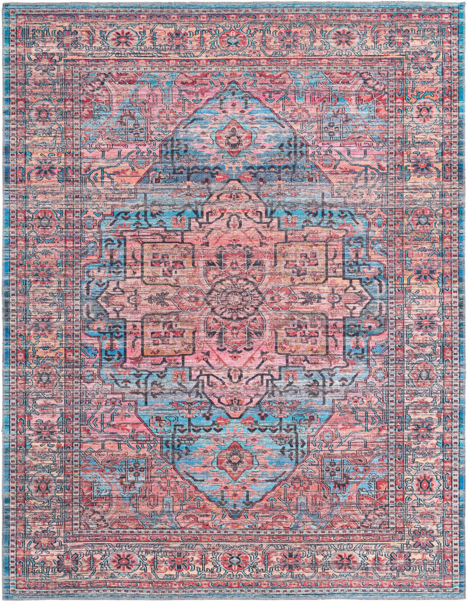 A rectangular 8x10 Maahru rug with a distressed traditional medallion pattern in vibrant blues, pinks, and reds.