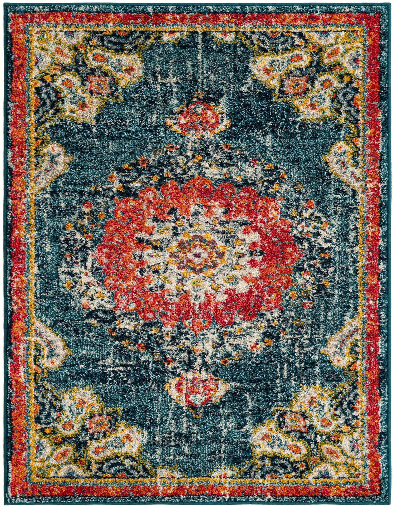A 3x5 rectangular blue bohemian rug with a distressed traditional medallion pattern in red, orange, and yellow.