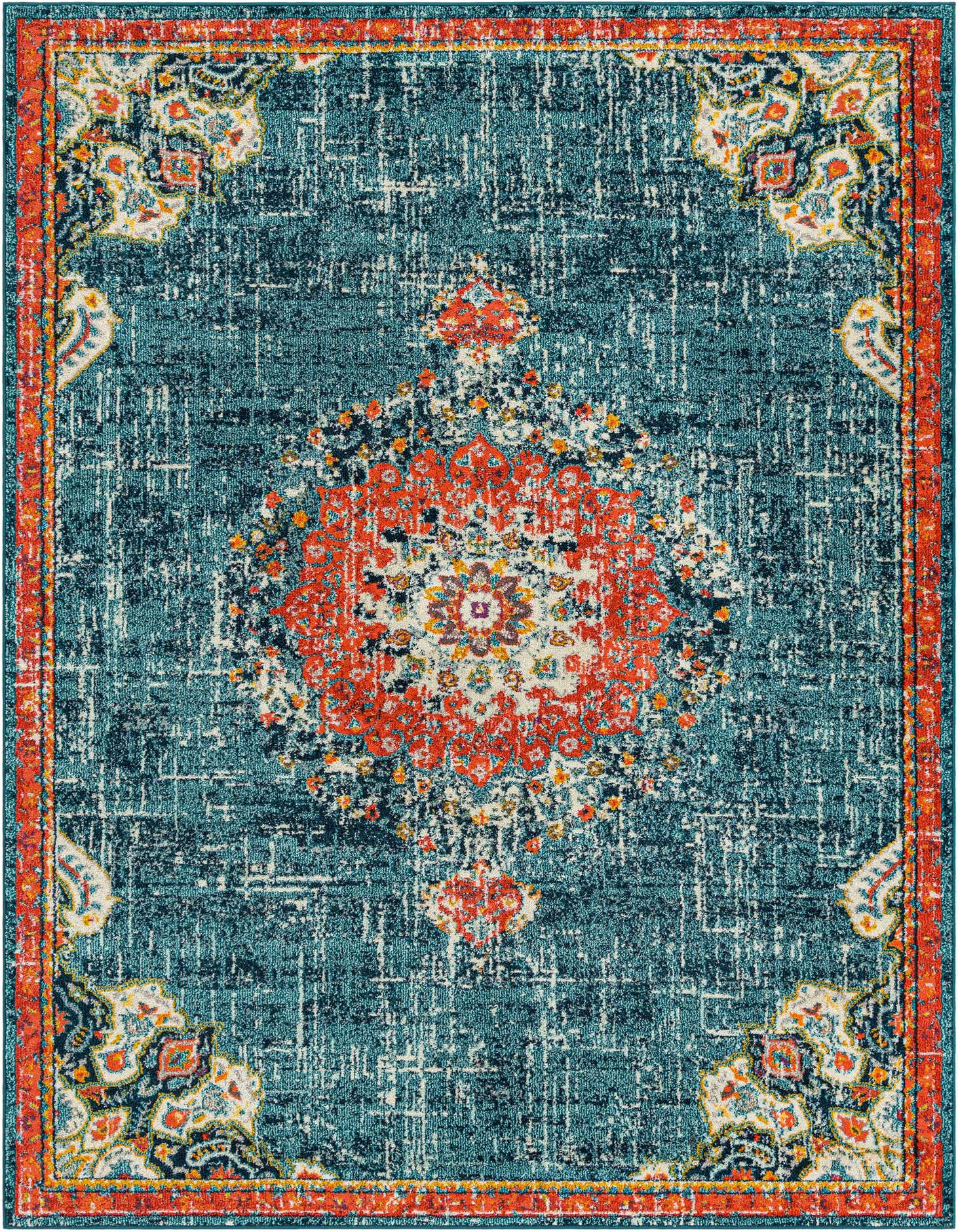 An 8x11 rectangular Madeline rug featuring a distressed teal blue background with a vibrant orange medallion and border.