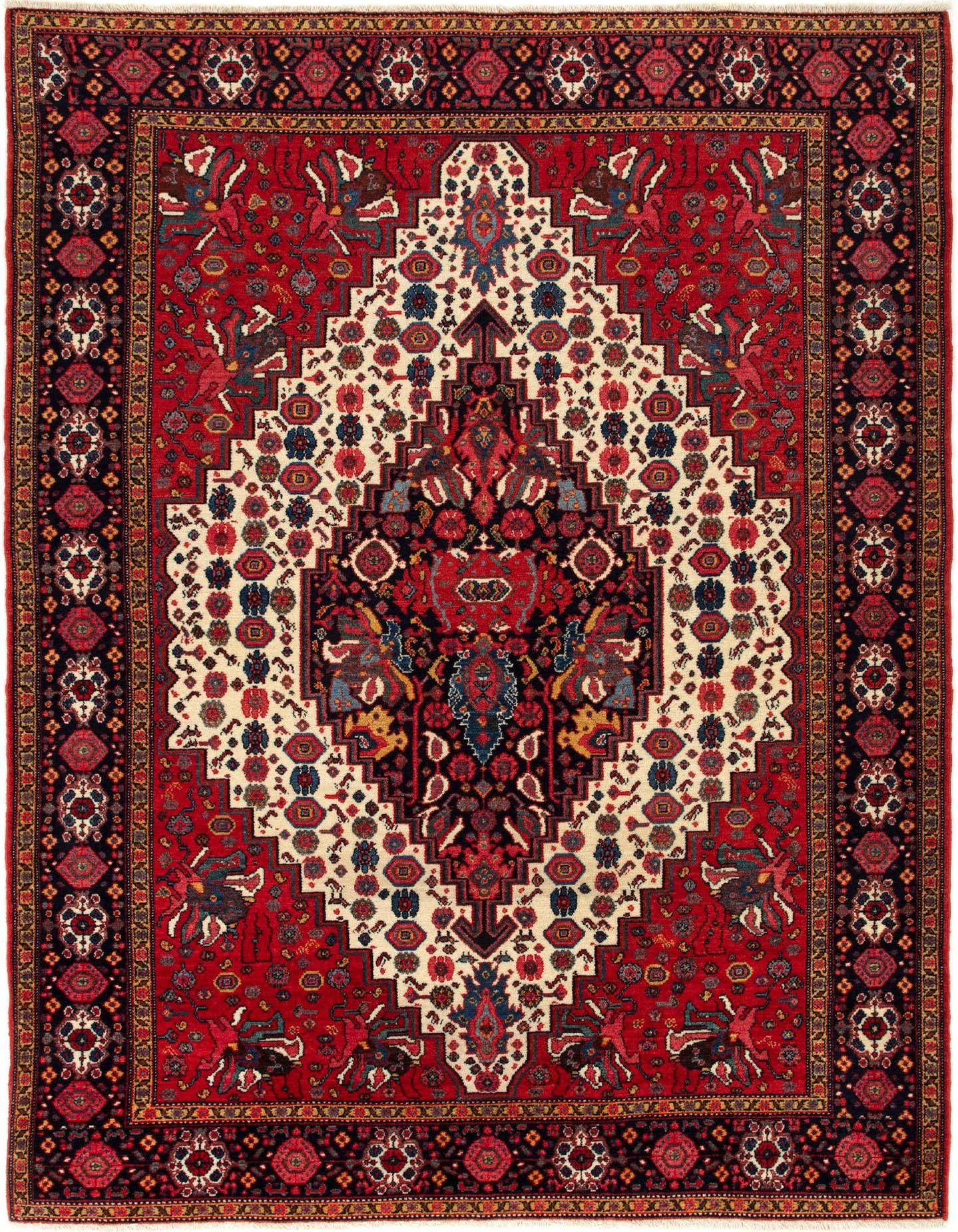 A 4x6 rectangular Malayer Persian rug featuring a central diamond medallion in cream and navy, surrounded by red and a navy border, with intricate tribal patterns.
