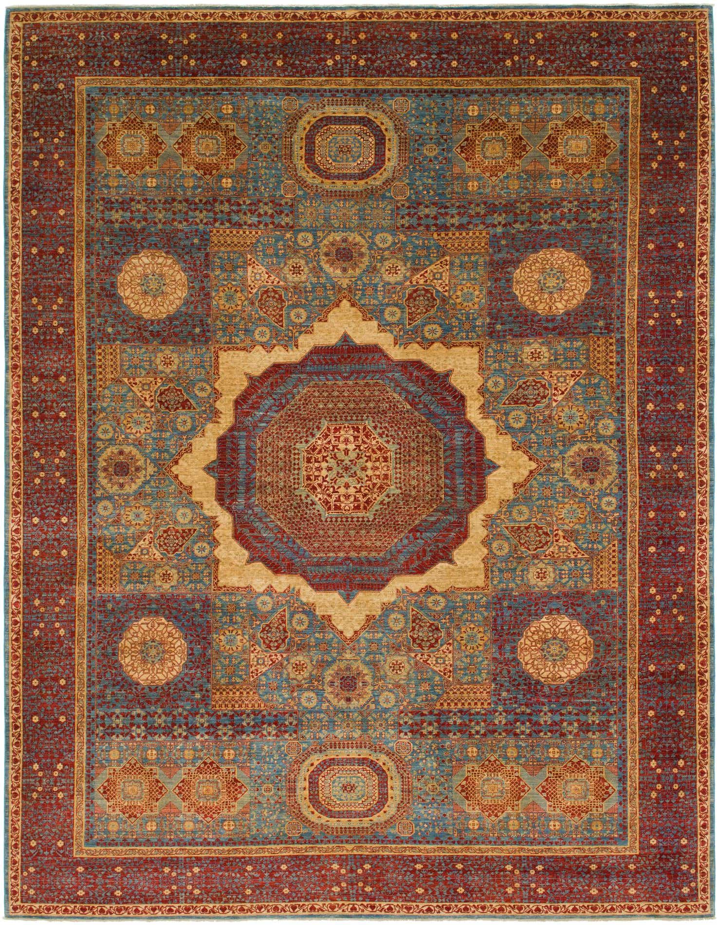 A large 10x14 rectangular Mamluk Ziegler rug featuring a central medallion in red and gold, surrounded by intricate blue, red, and gold traditional patterns, with a rich red border.