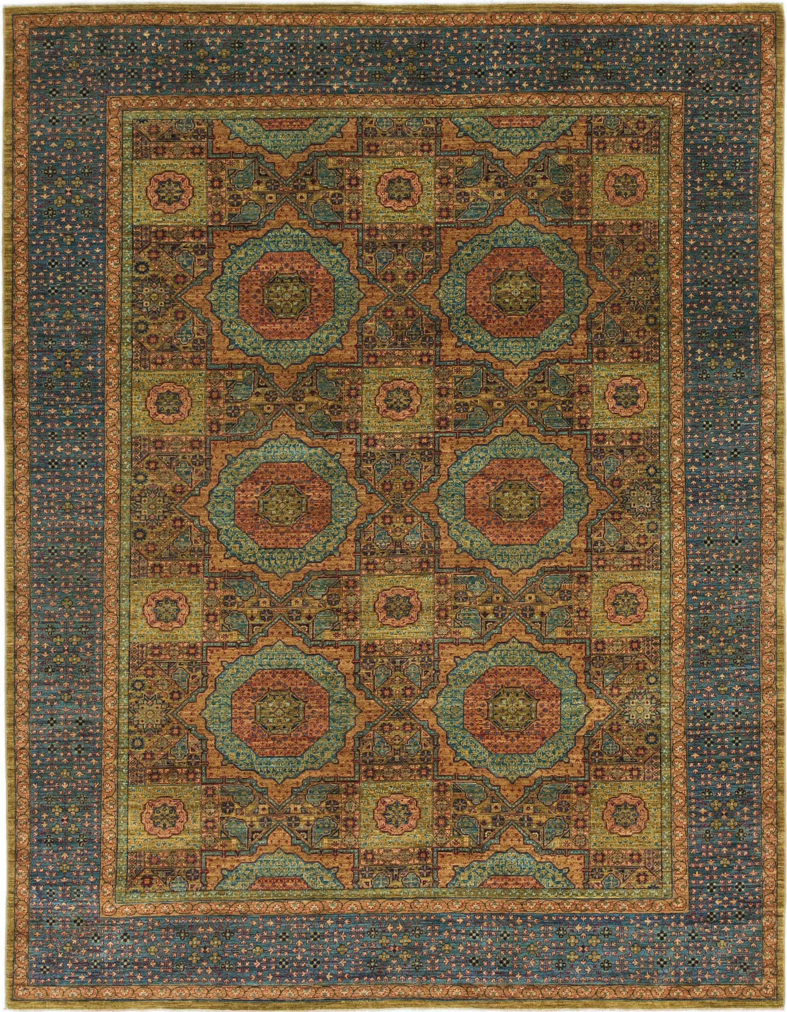 An 8x11 rectangular Mamluk Ziegler rug featuring a complex traditional medallion pattern in blues, oranges, and greens, with a detailed blue border.