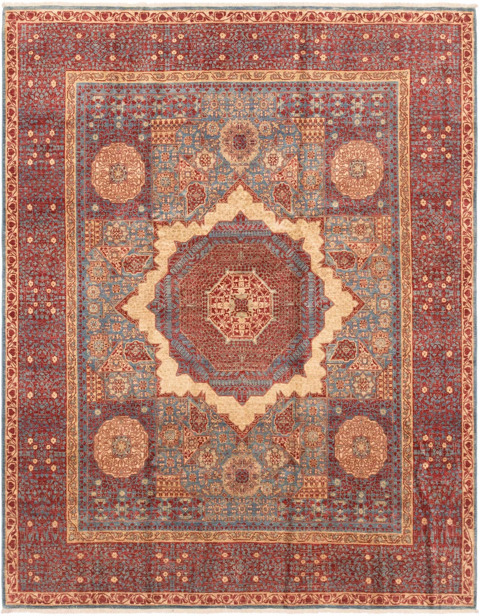 An 8x10 rectangular Mamluk Ziegler rug featuring a central medallion in blues, reds, and beige with intricate traditional patterns, ideal for a living room.