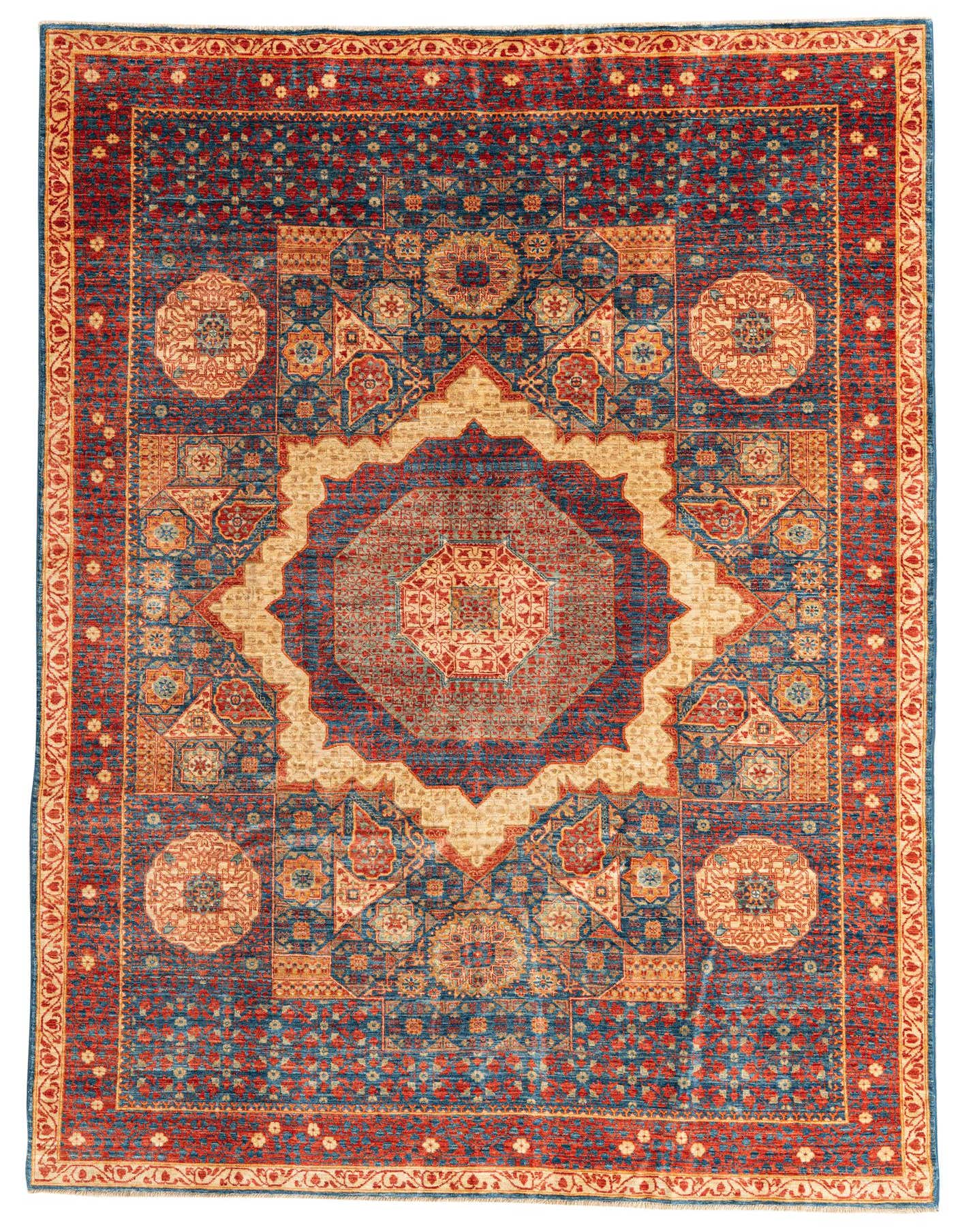 A 6x9 rectangular Mamluk Ziegler rug featuring a central medallion in blues, reds, and creams, with intricate oriental patterns.