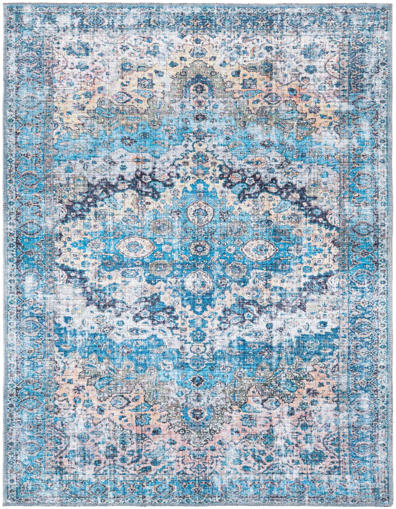 A 4x6 rectangular Mangata rug in shades of blue with a distressed traditional medallion pattern, ideal for a living room.