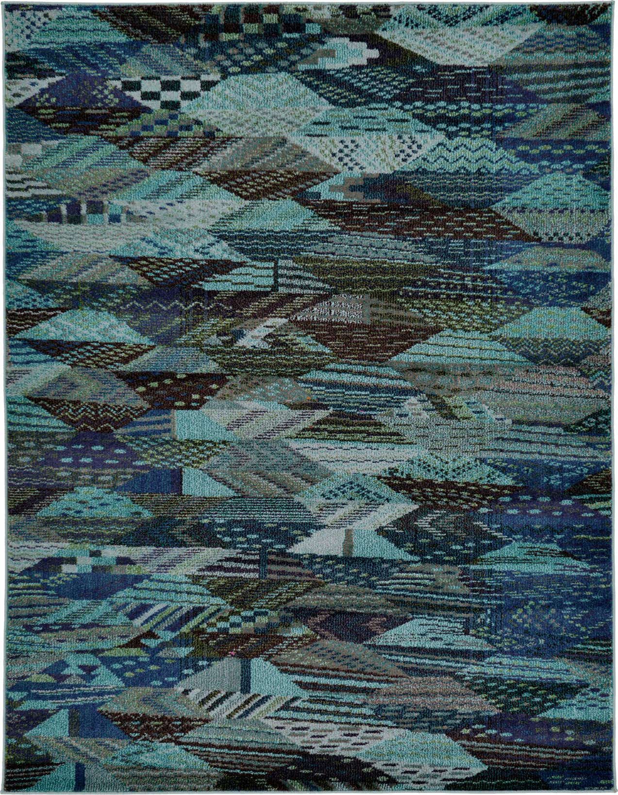 A 5x8 rectangular Mesa Collection rug featuring an eclectic, abstract pattern in various shades of blue, teal, brown, and grey.