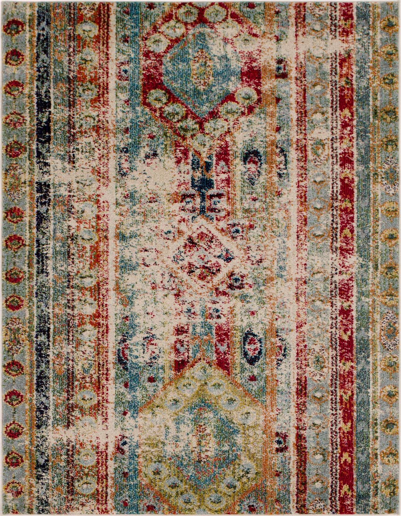 A 4x6 rectangular Mesa collection rug featuring a distressed bohemian stripe pattern in various shades of blue, red, orange, and cream.