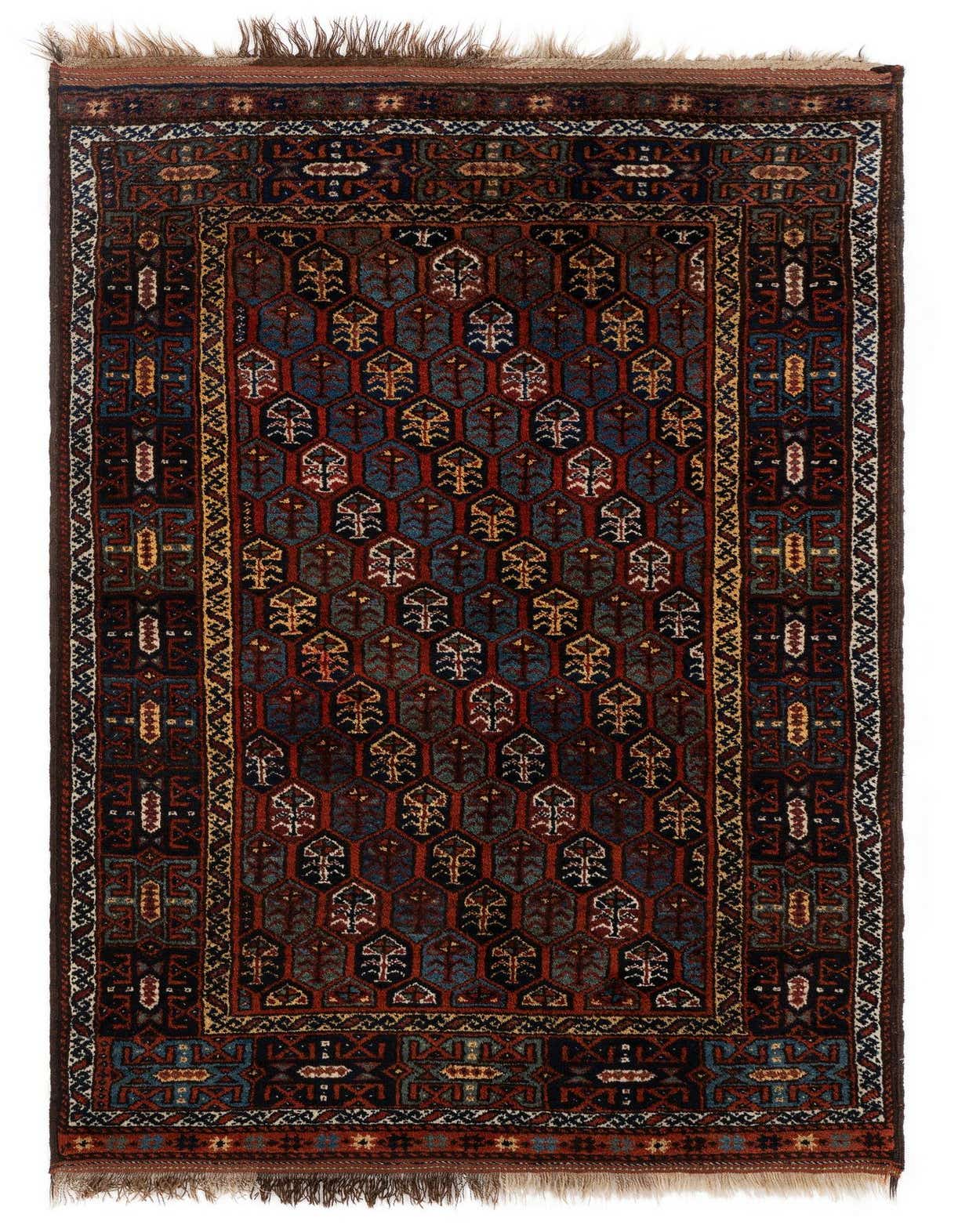 A 4x6 rectangular Mianeh Persian wool rug featuring an intricate pattern of blues, reds, and creams.