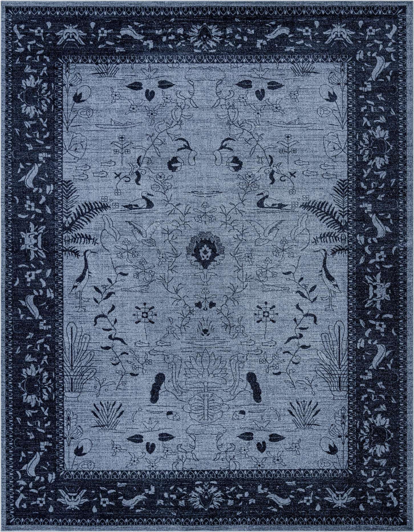 A 9x12 rectangular blue area rug featuring a traditional botanical and coastal pattern with birds and foliage, ideal for a living room.