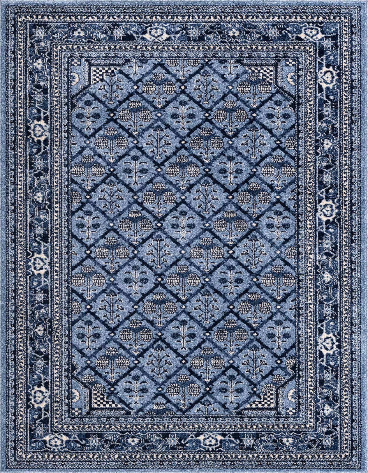 A 5x8 rectangular blue area rug with a traditional botanical trellis pattern and a detailed border, suitable for a living room.